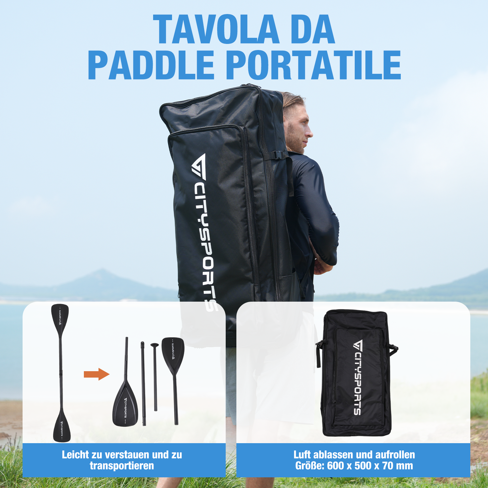 Un uomo che trasporta una borsa nera con un paddleboard e accessori per paddle.