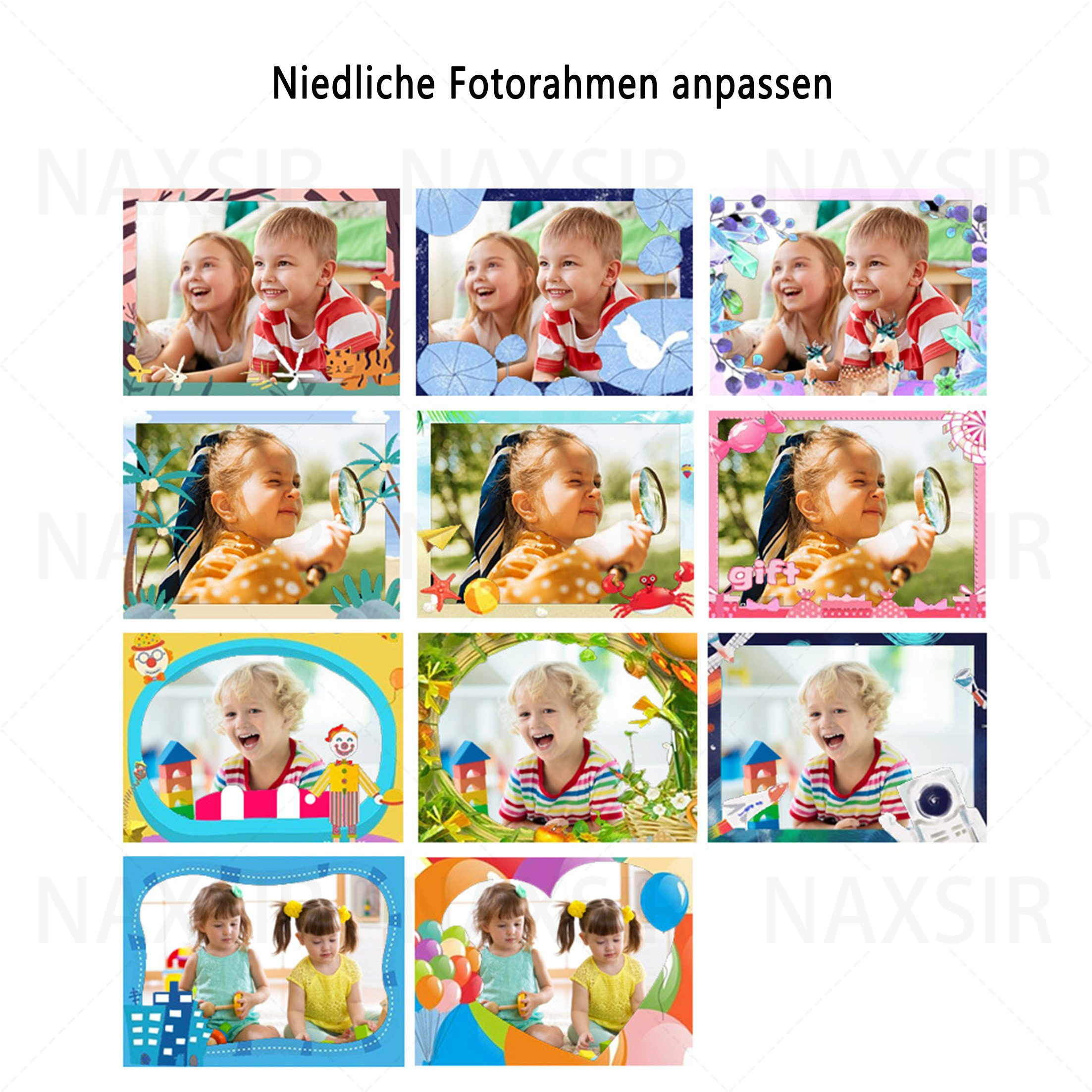 Neun verschiedene Fotorahmen mit verschiedenen Cartoon-Hintergründen, jeweils mit einem Kinderfoto.
