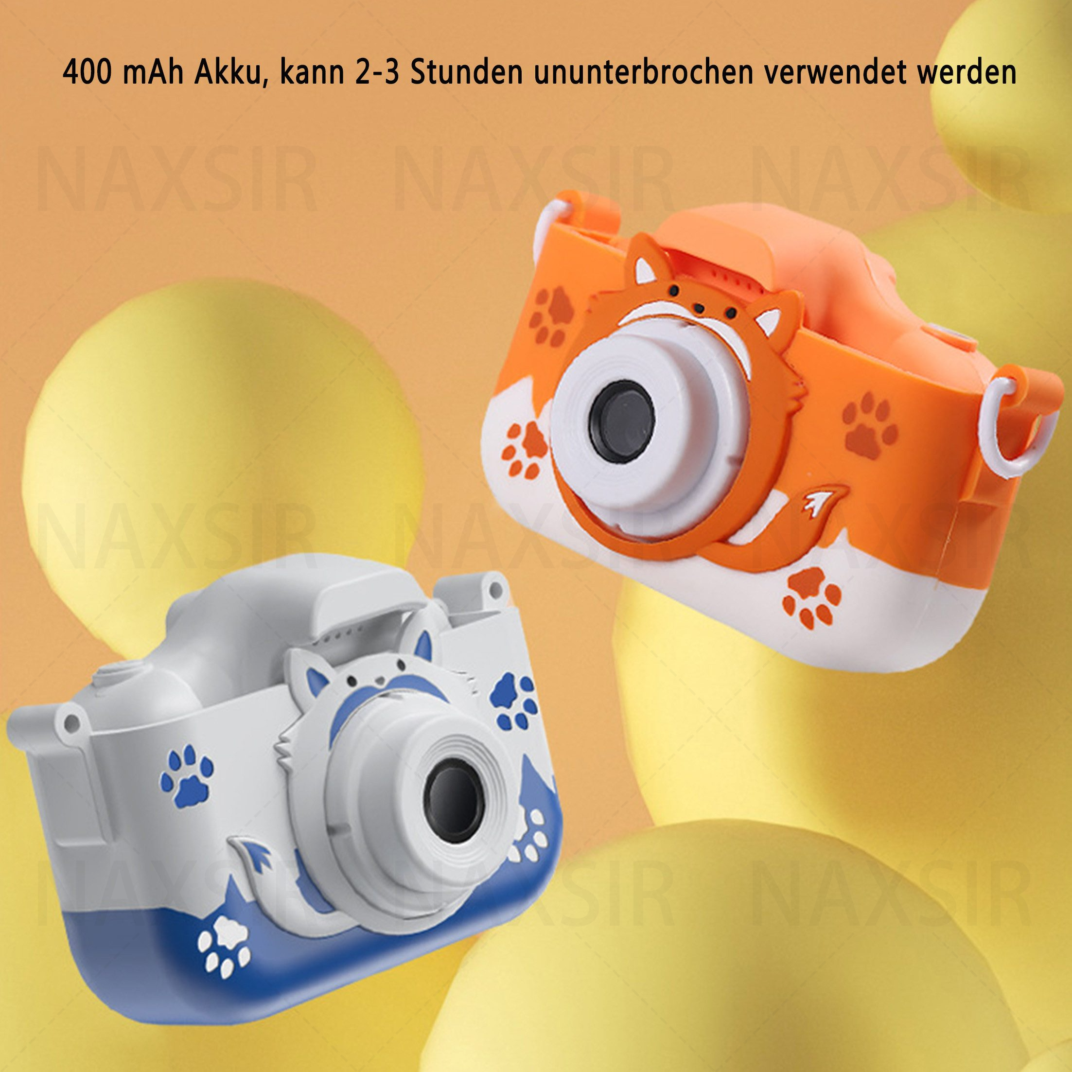 Zwei Spielzeugkameras, eine orangefarbene und eine weiße. Beide haben Cartoon-Fuchsgesichter. Gelber Hintergrund.