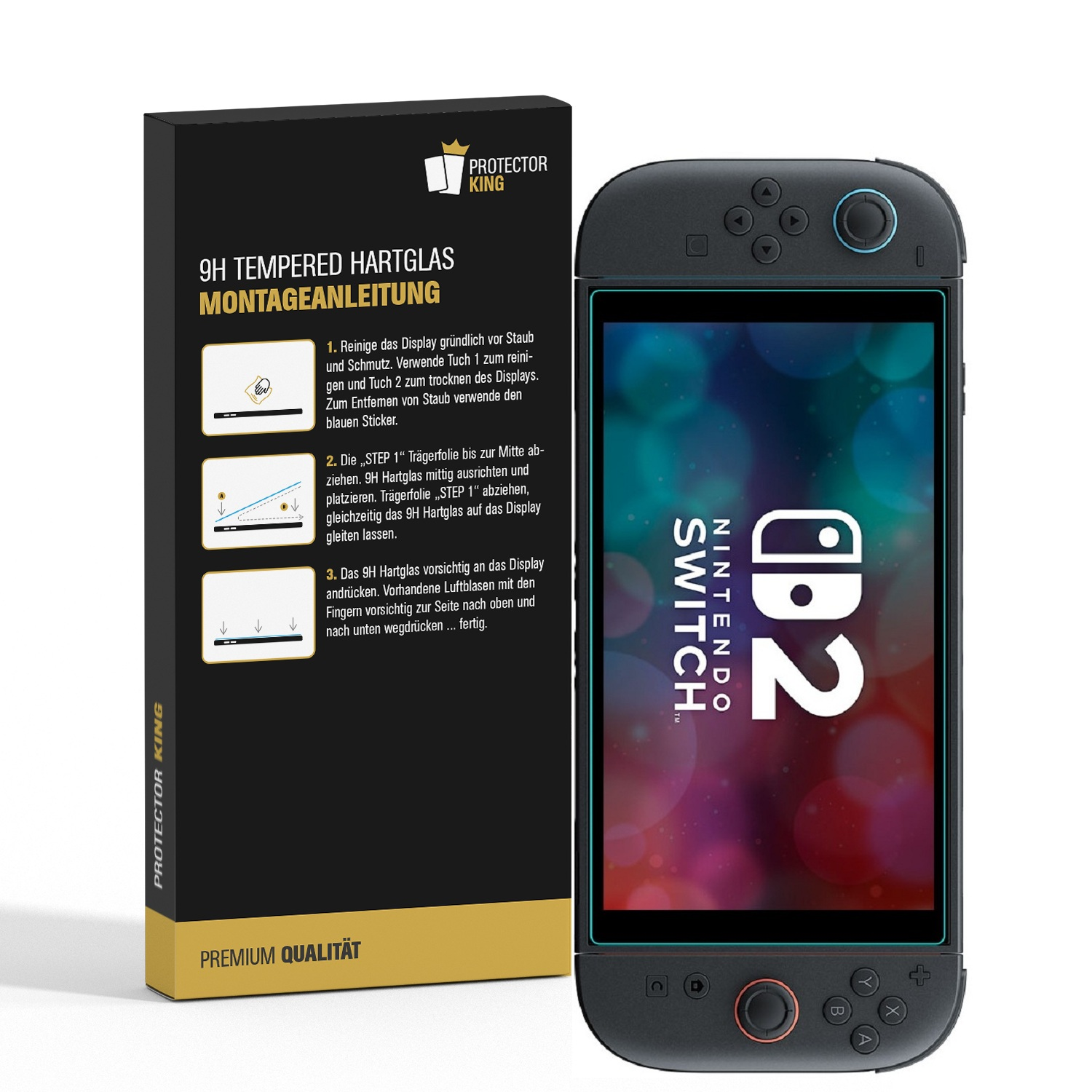 Eine Nintendo Switch-Konsole wird neben einer Box mit Anweisungen für einen Displayschutz gezeigt.