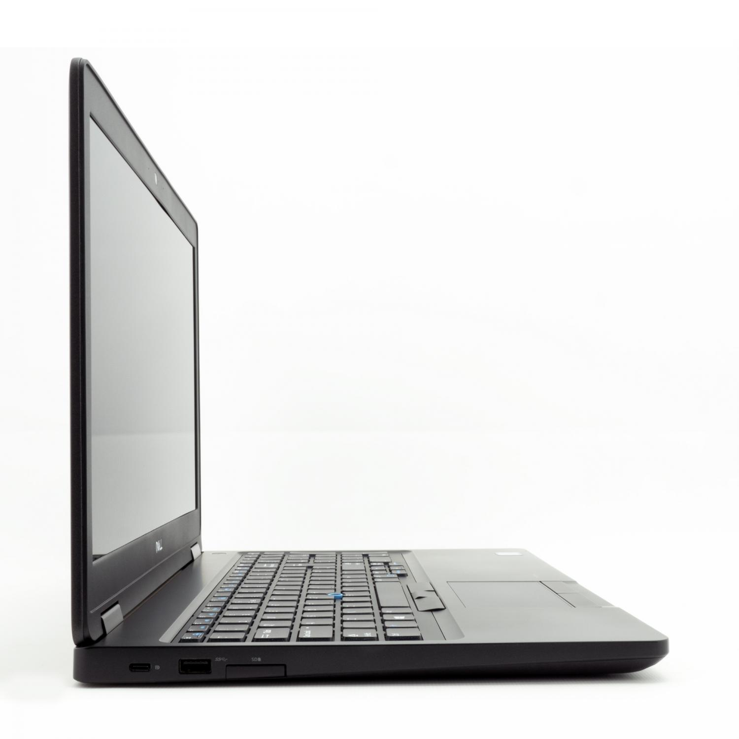 Schwarzer Laptop von der Seite. Weißer Hintergrund.