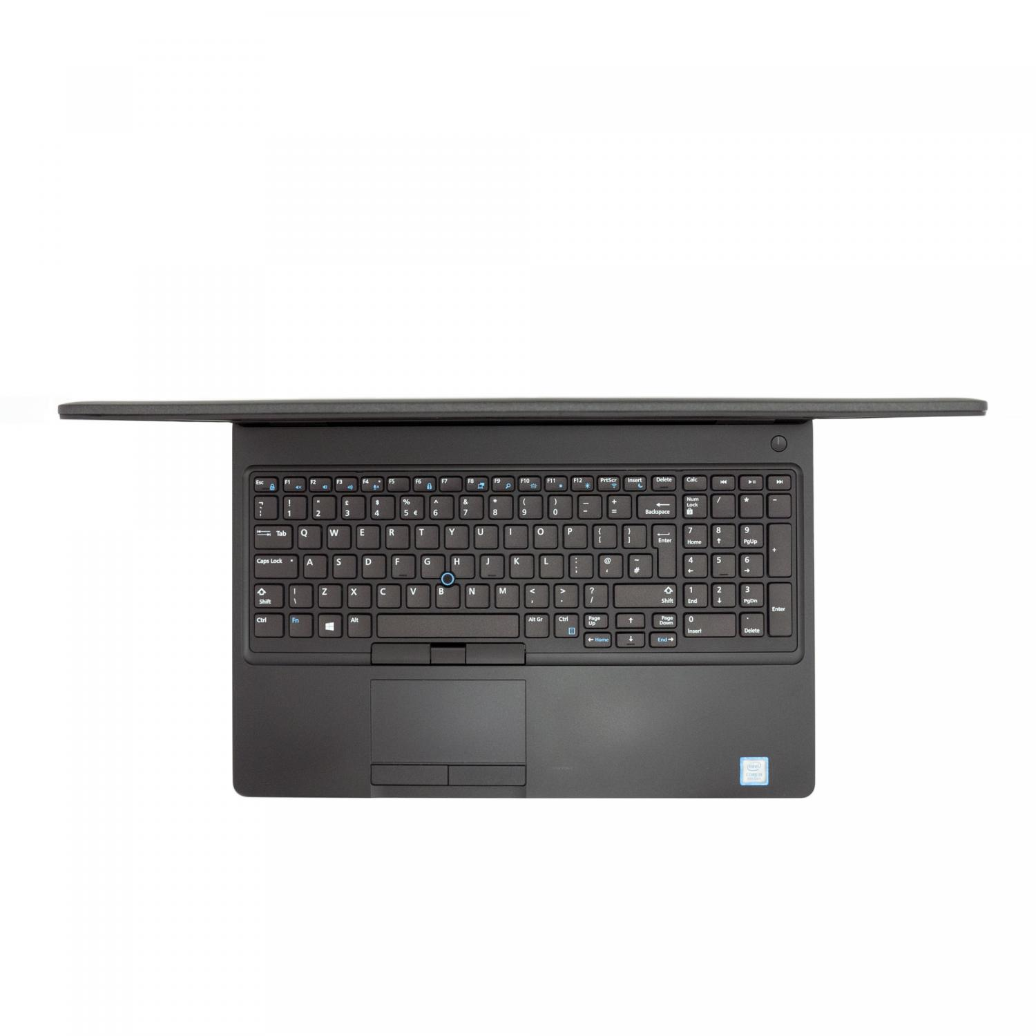 Draufsicht auf eine schwarze Laptop-Tastatur. Weißer Hintergrund.