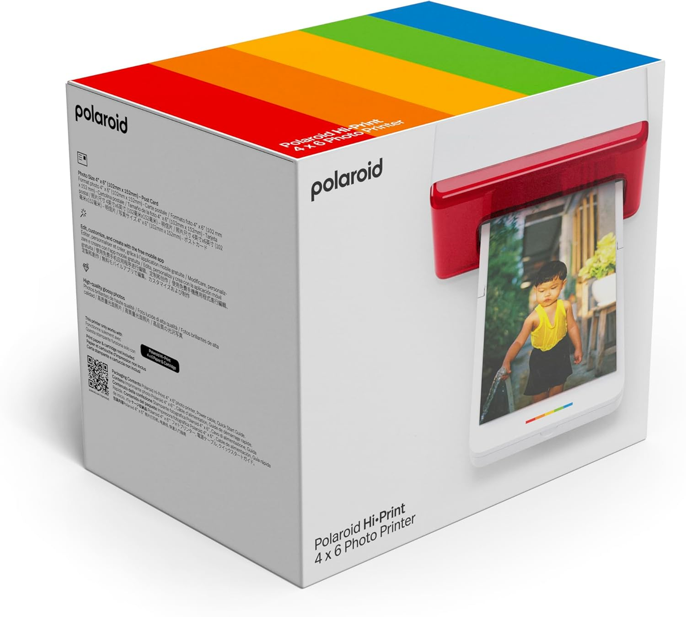 Białe pudełko Polaroid Hi-Print z czerwoną drukarką. Pudełko ma tęczowy pasek i zdjęcie dziecka.