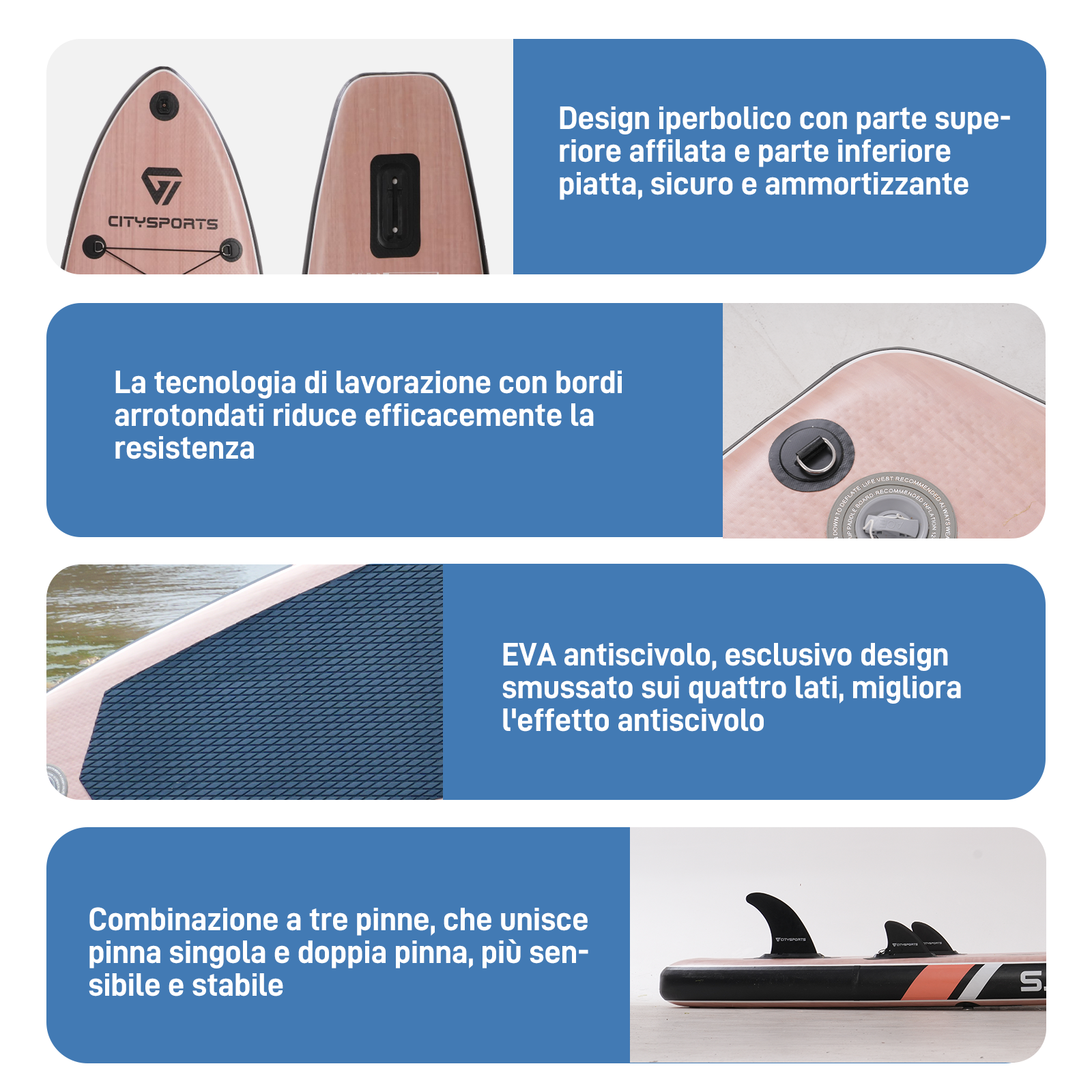 Primo piano di una tavola da paddle con testo che descrive le sue caratteristiche: design, bordi, EVA antiscivolo e pinne, in italiano.