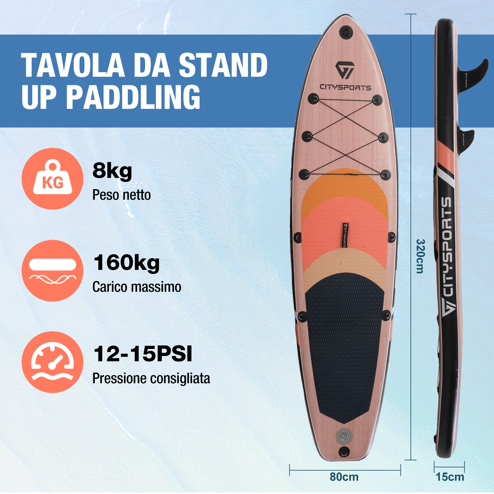 Una tavola da paddle con testo che descrive le sue dimensioni e il suo peso, in italiano. Il marchio è 'CITYSPORTS'.