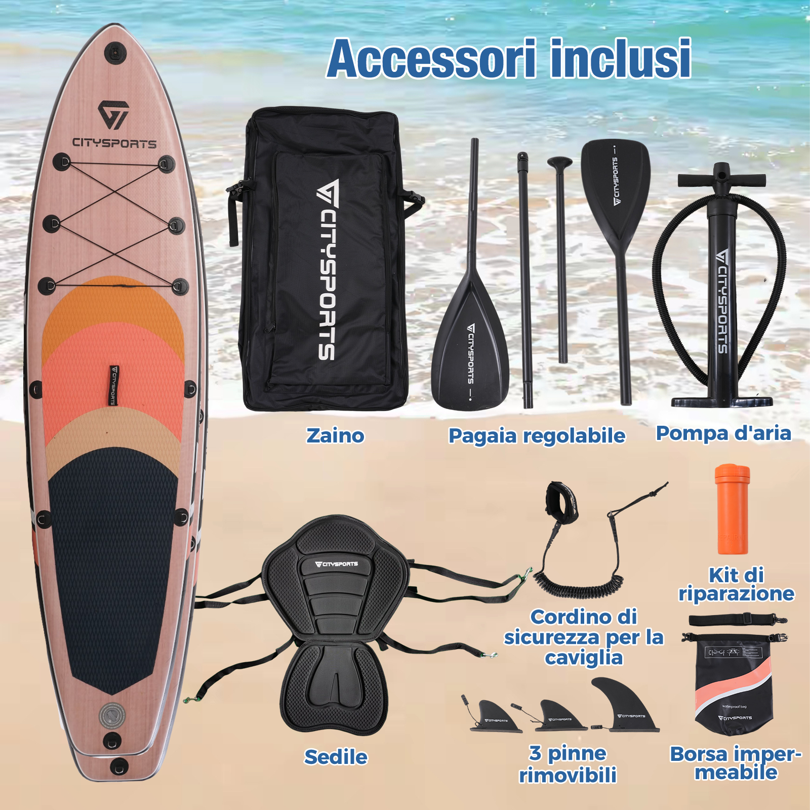 Un paddleboard e accessori. Include una pagaia, una pompa, un sedile, pinne, una borsa e un kit di riparazione. Su una spiaggia.