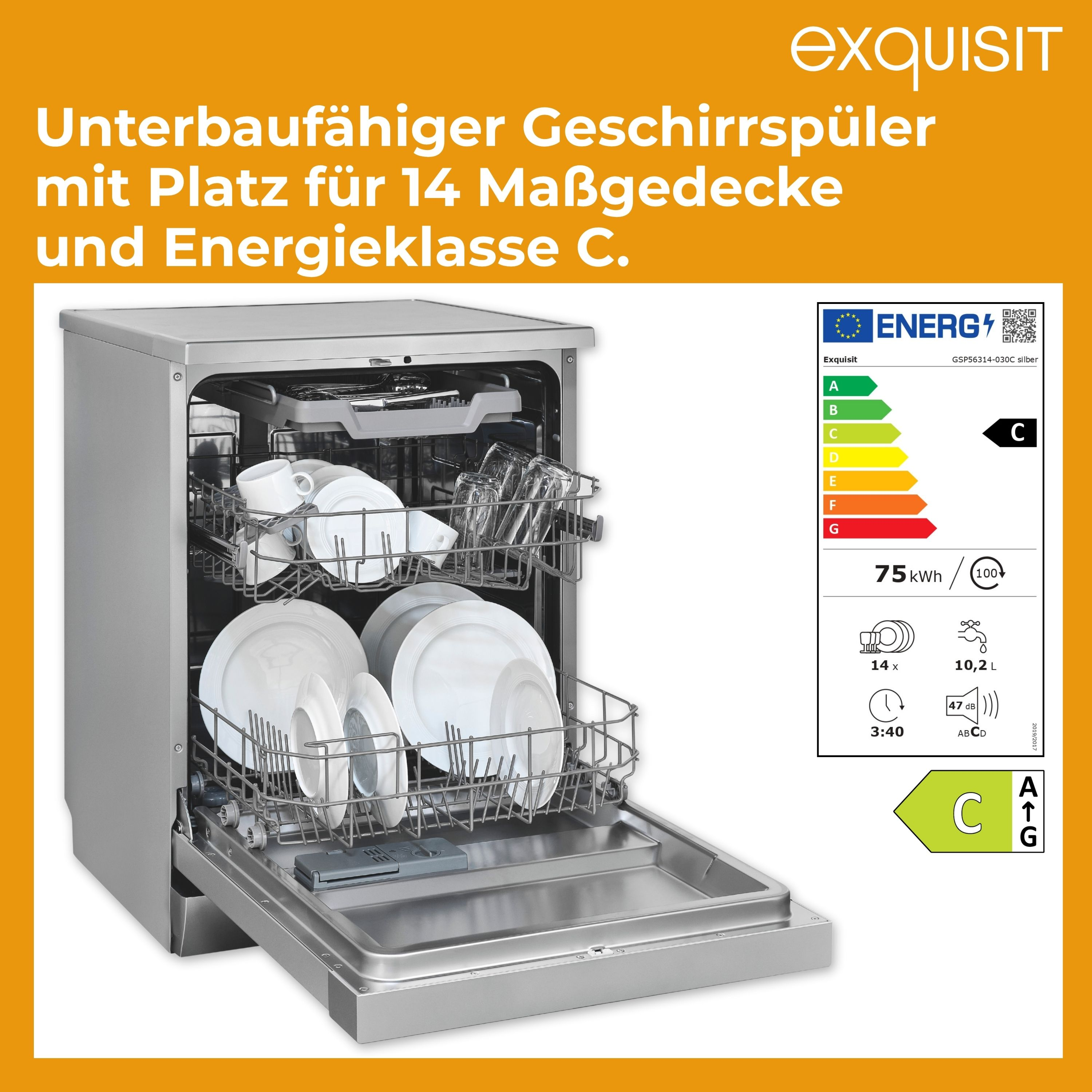 Edelstahl-Geschirrspüler mit offener Tür, die Geschirr zeigt. Energieetikett und Text rechts.