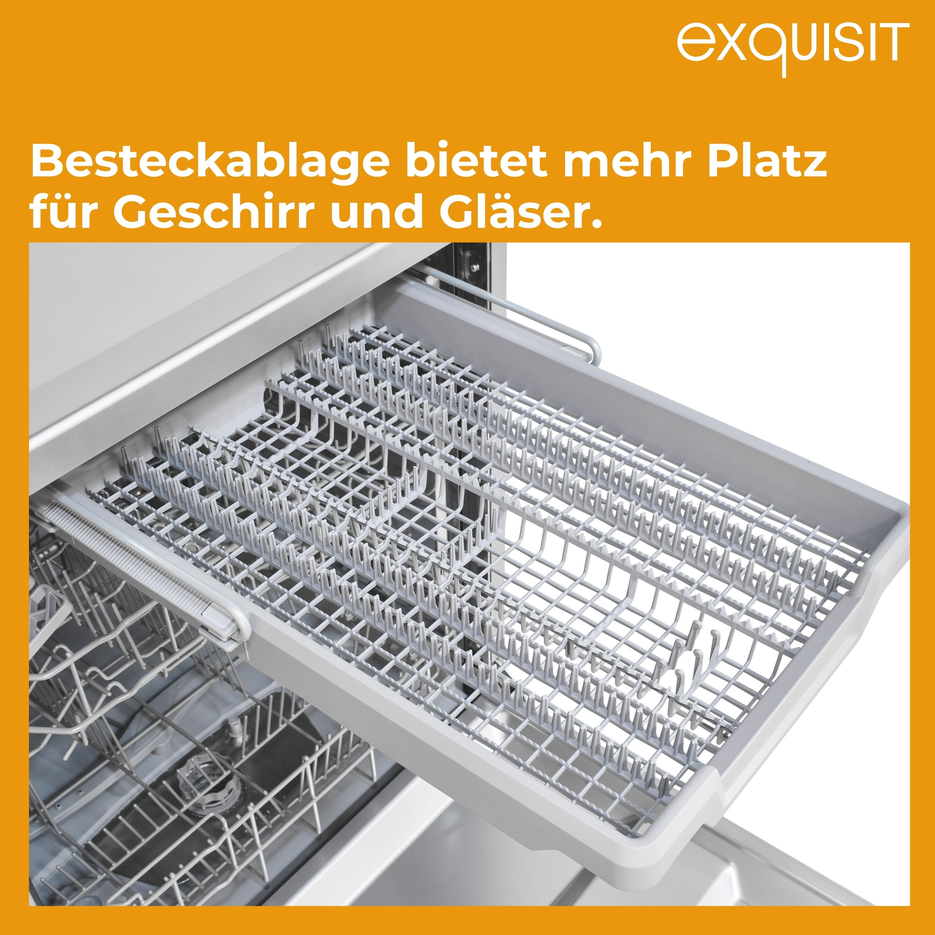 Geschirrspülerkorb mit Besteckschublade. Die Schublade ist herausgezogen. Das Bild ist eine Nahaufnahme.