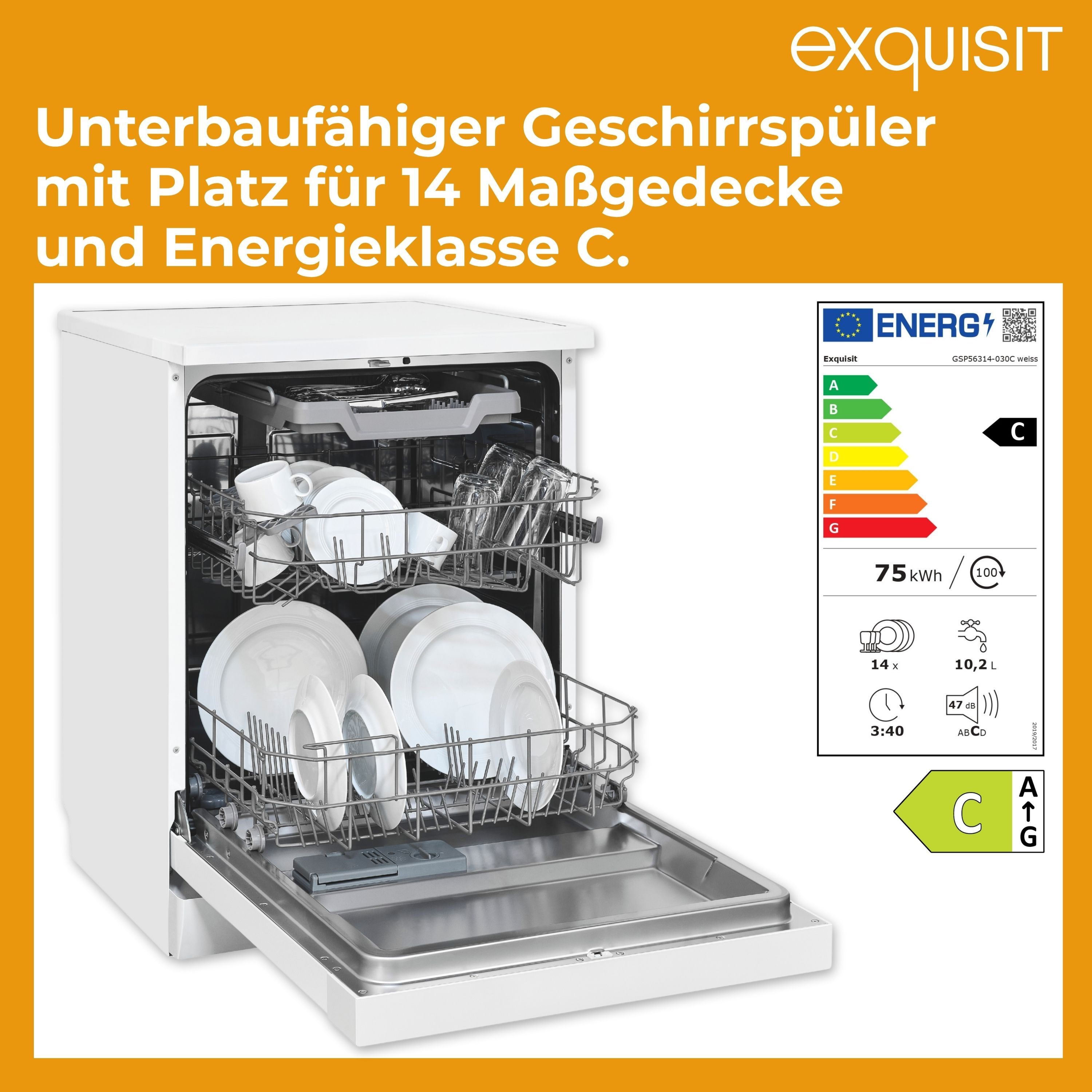 Weißer Geschirrspüler mit geöffneter Tür, gefüllt mit Geschirr. Energielabel und Text über das Produkt.