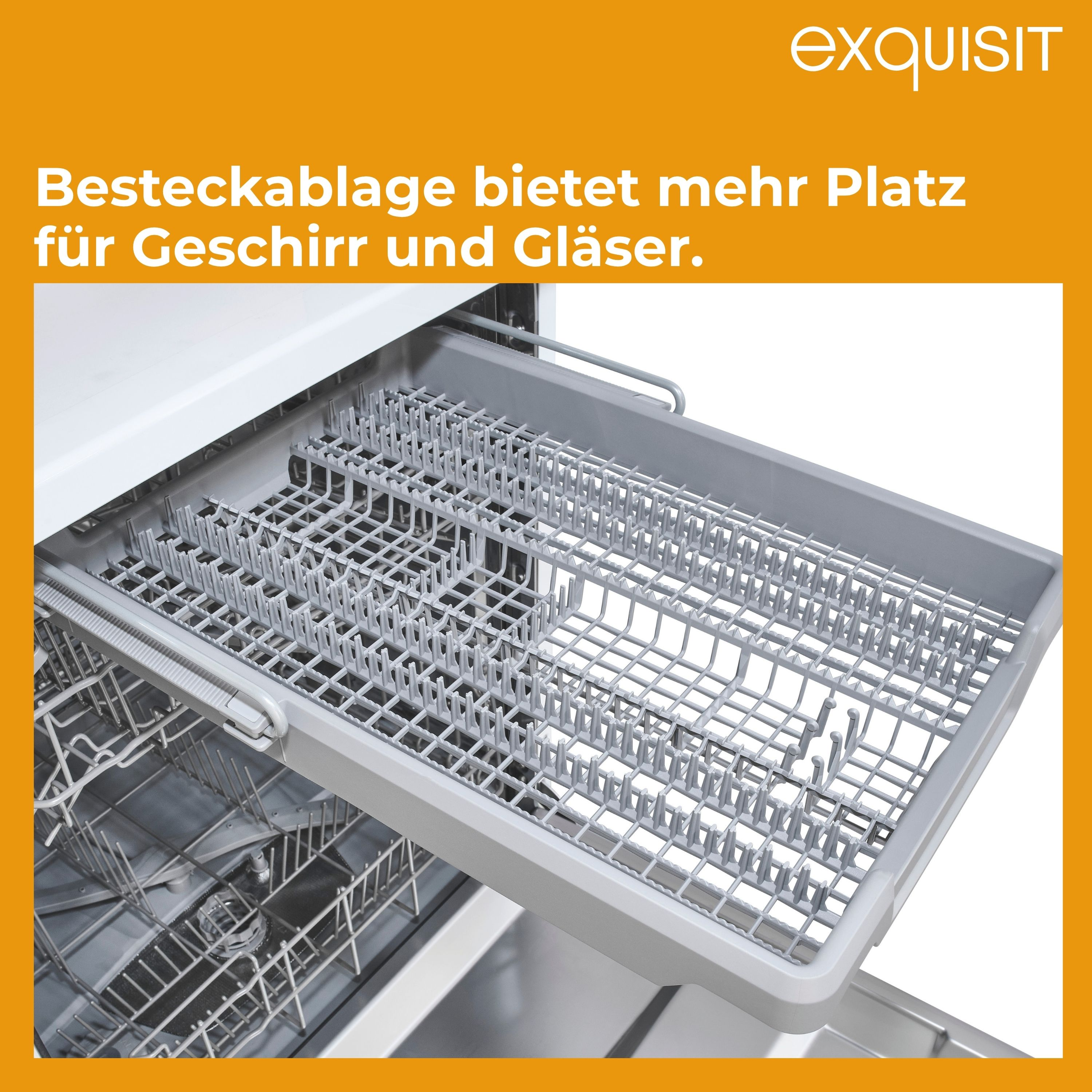 Nahaufnahme einer Geschirrspülerschublade mit einem Besteckkorb. Das Tablett ist grau und hat viele Schlitze.
