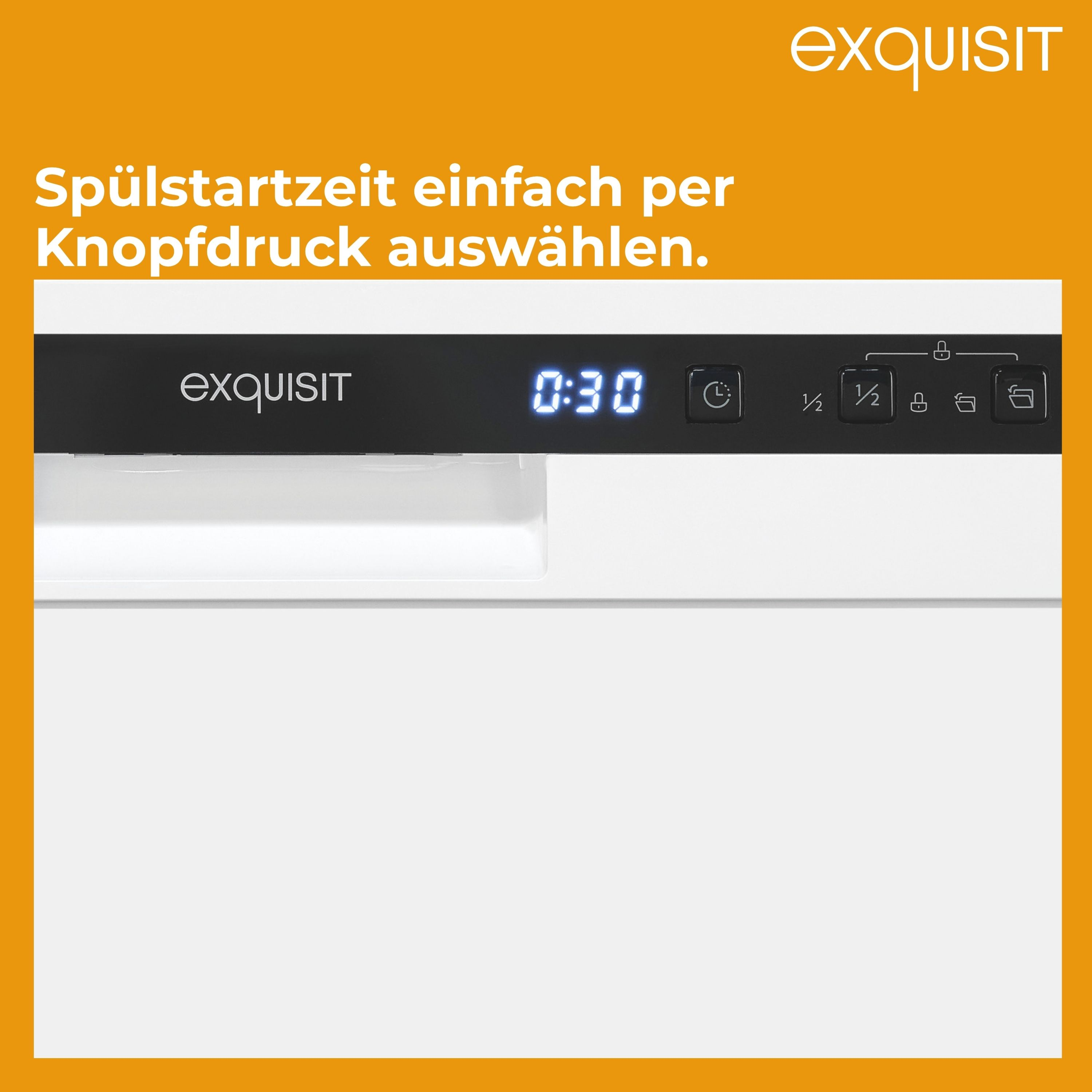 Nahaufnahme eines Geschirrspüler-Bedienfelds mit digitaler Anzeige und Knöpfen. Weiß mit blauem Text.