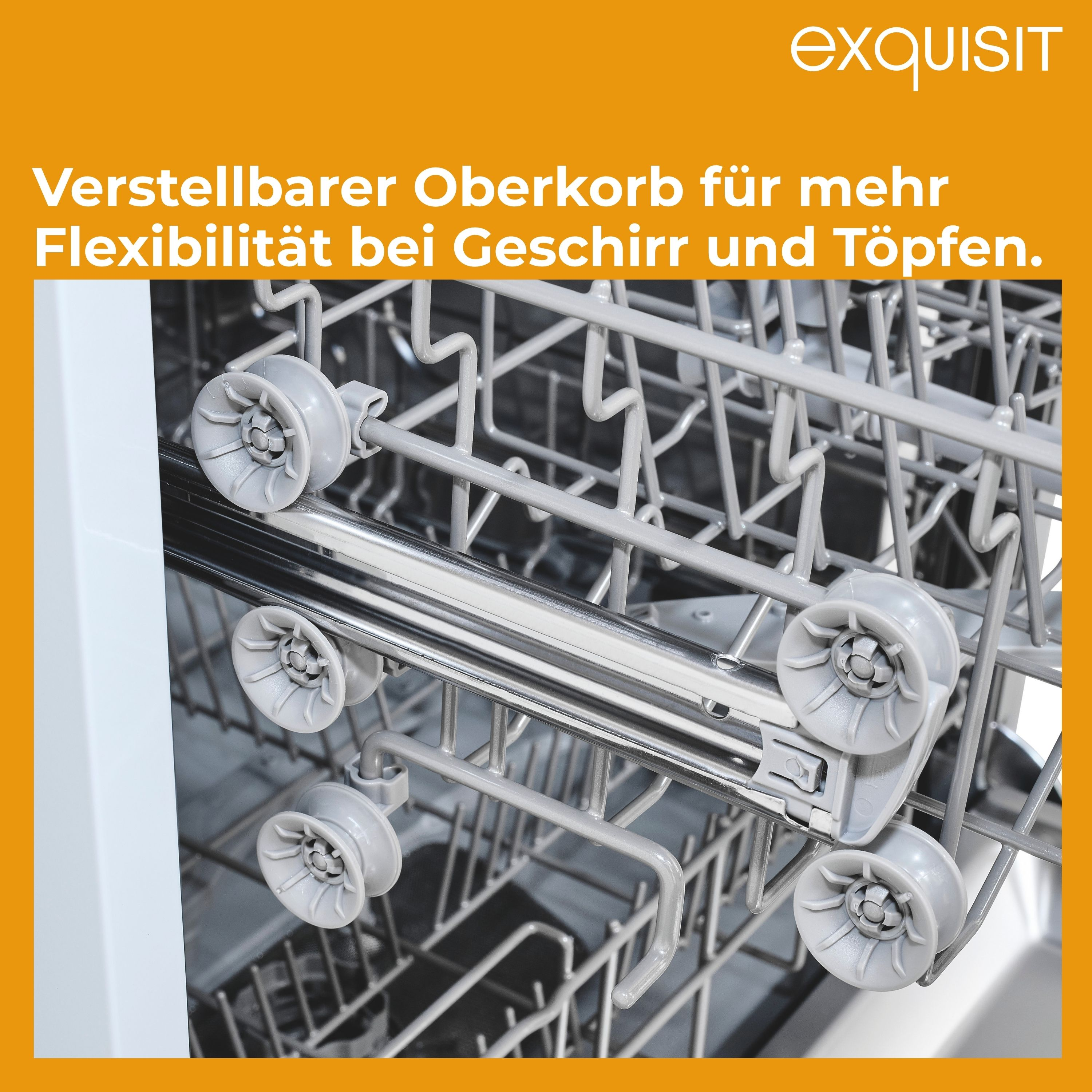 Nahaufnahme eines Geschirrspülerkorbs mit grauen Rädern in einem Geschirrspüler. Das Gestell ist aus Metall und hat eine graue Oberfläche.