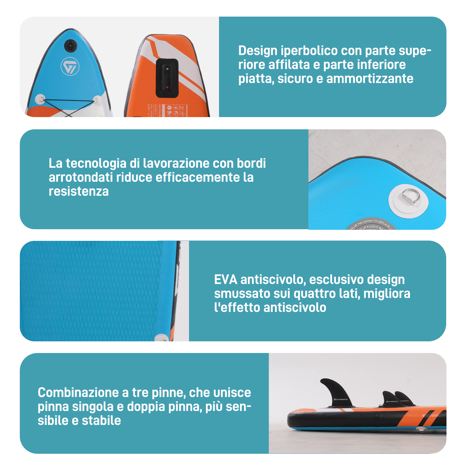 Collage delle caratteristiche della tavola da paddle: design, tecnologia dei bordi, EVA antiscivolo e configurazione delle pinne.