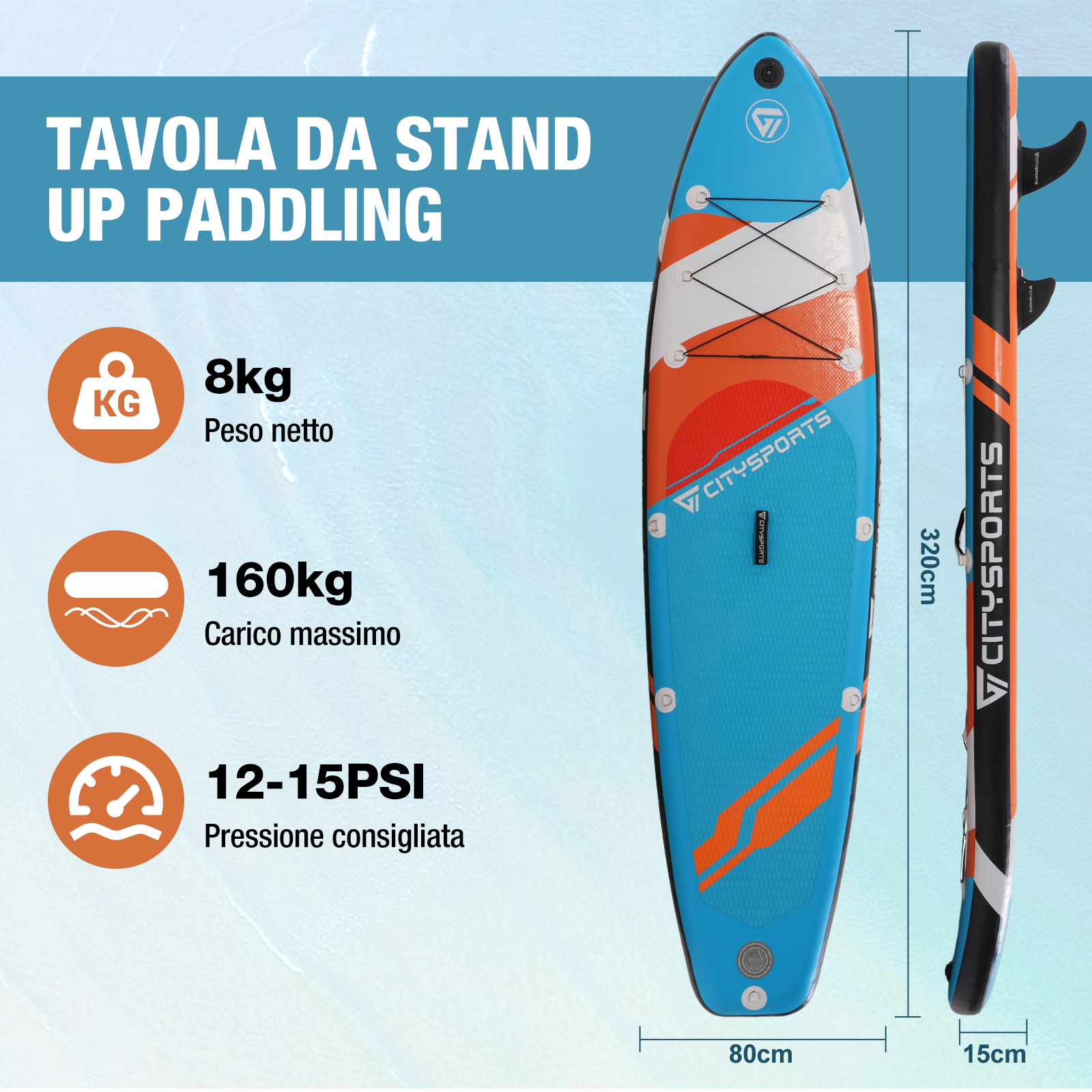 Una tavola da stand up paddle con etichette di testo. Mostra dimensioni e informazioni sul peso, la tavola è blu.