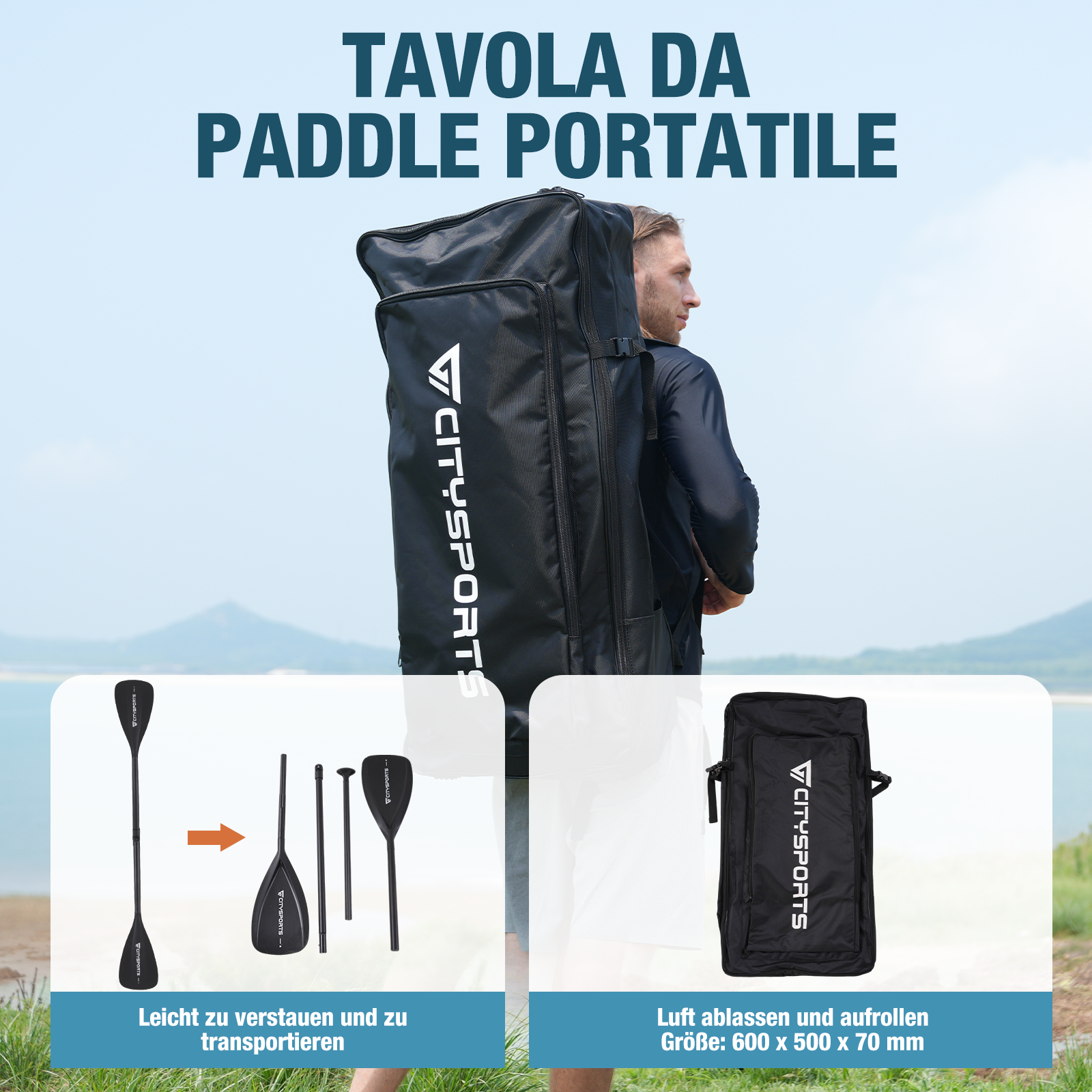 Un uomo porta una tavola da paddle in una borsa. Le istruzioni per imballare e disimballare la pagaia sono mostrate sotto.