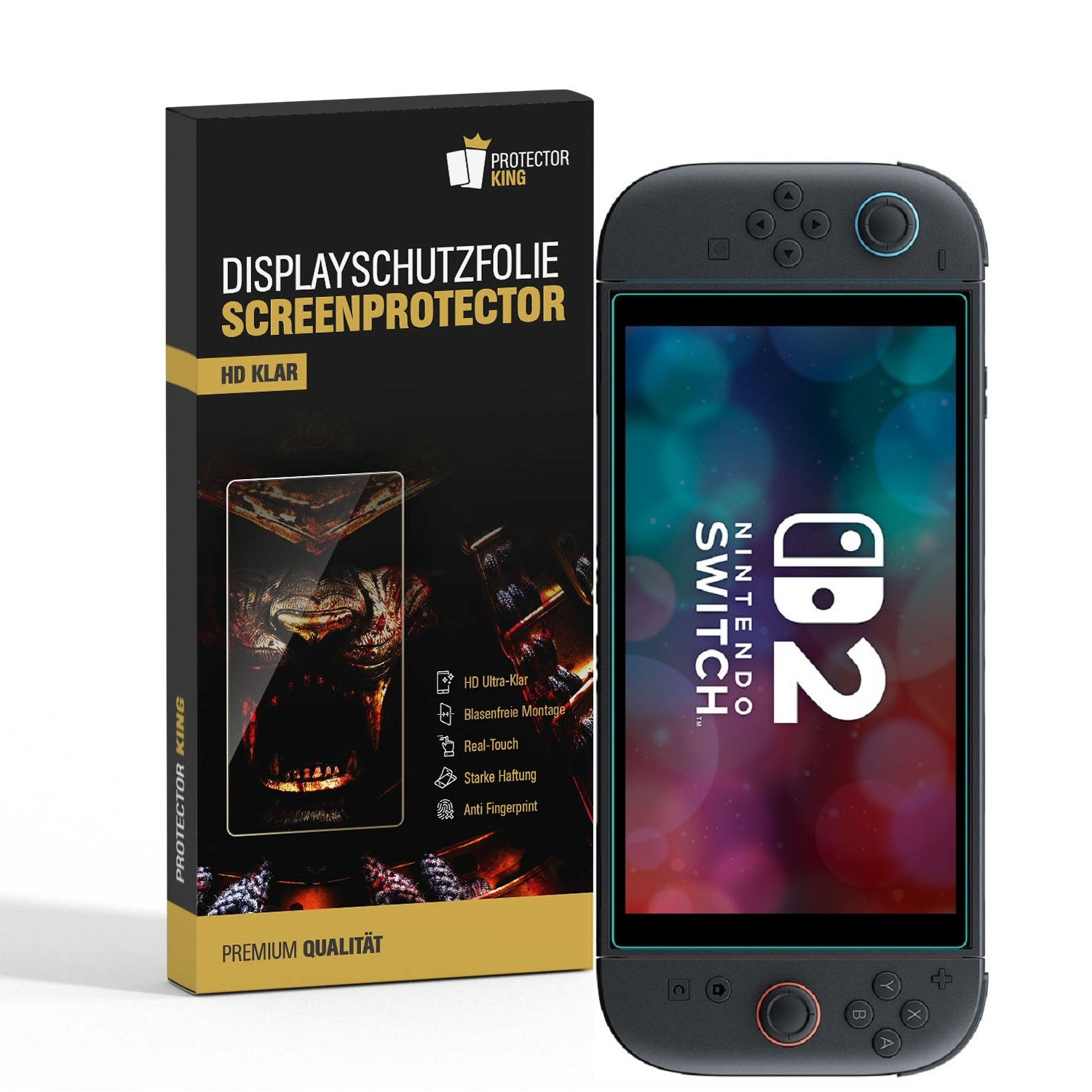 Ein Nintendo Switch 2 Displayschutz wird neben einer Nintendo Switch Konsole gezeigt.