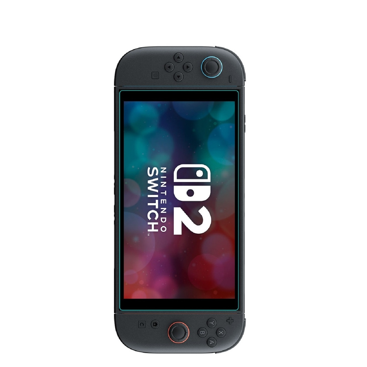 Eine schwarze Nintendo Switch 2 Konsole. Ein Bildschirm zeigt das Logo. Knöpfe und Joysticks sind sichtbar.