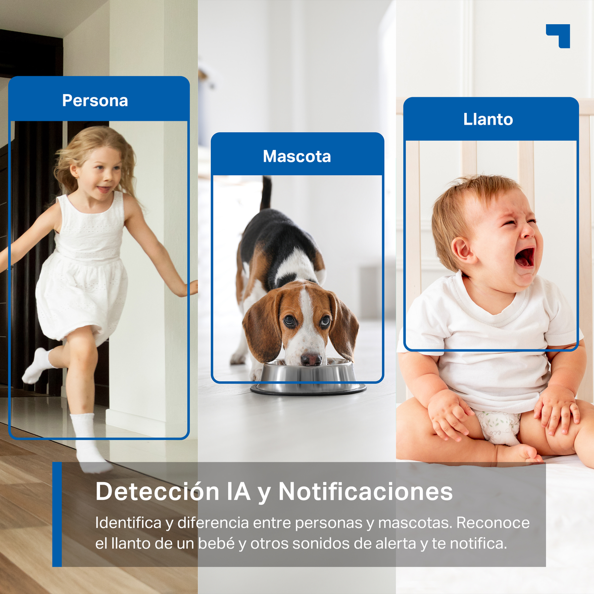 Obraz przedstawia dziewczynkę, psa i płaczące dziecko z tekstem o wykrywaniu AI i powiadomieniach.