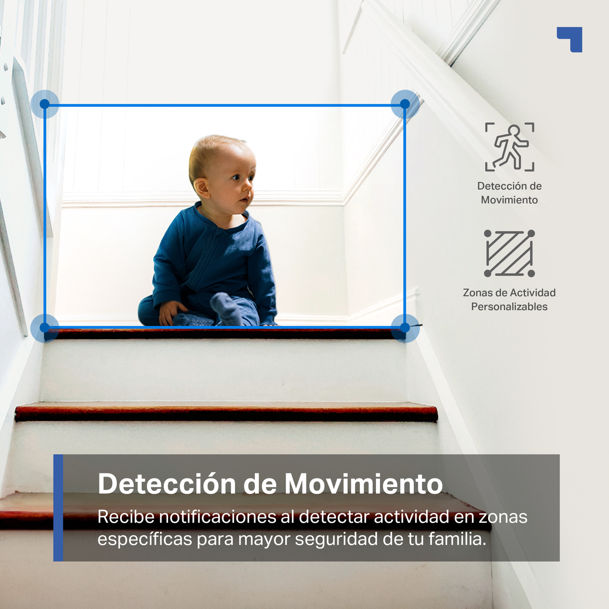 Dziecko na schodach, z tekstem o wykrywaniu ruchu i konfigurowalnych strefach aktywności.