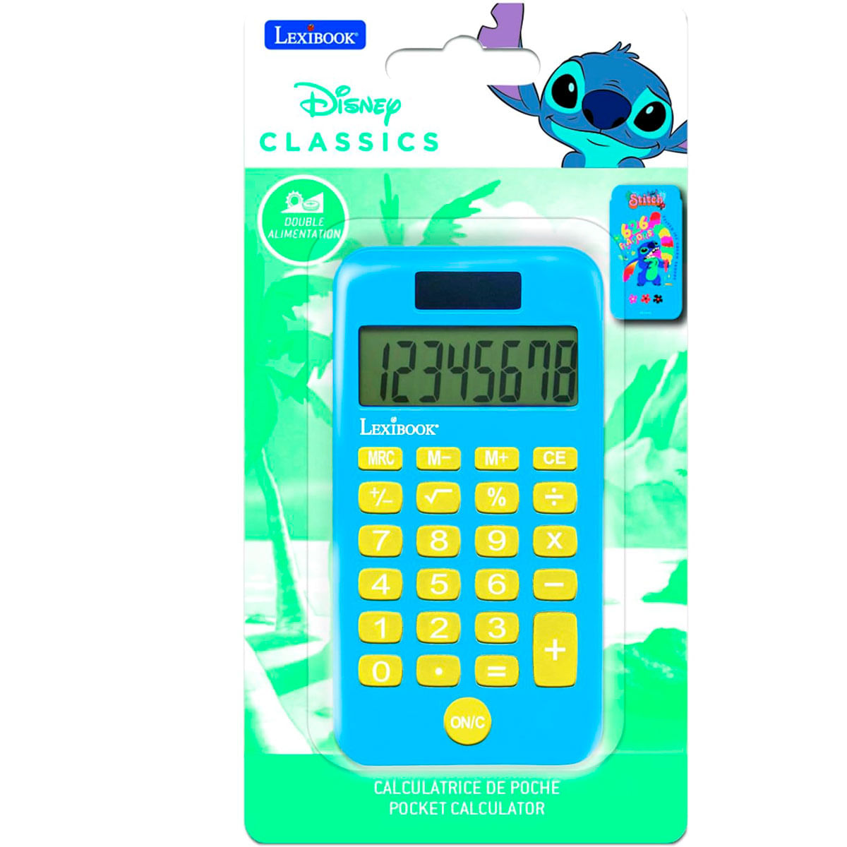 Niebieski kalkulator z przyciskami i wyświetlaczem. Marka Disney Classics, obraz Stitch na okładce.