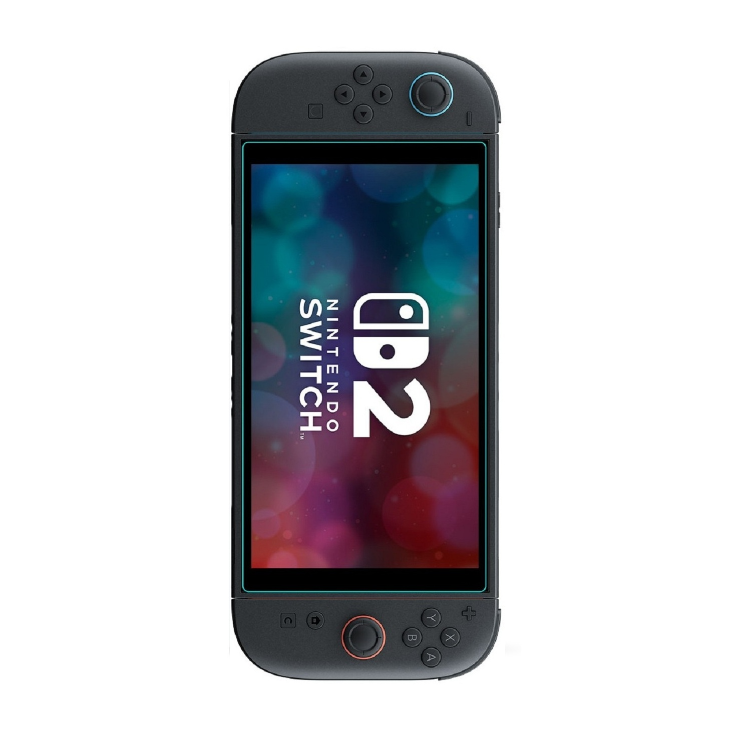 Nintendo Switch 2 Konsole, schwarz mit einem Bildschirm, der eine farbenfrohe Grafik und Text zeigt.