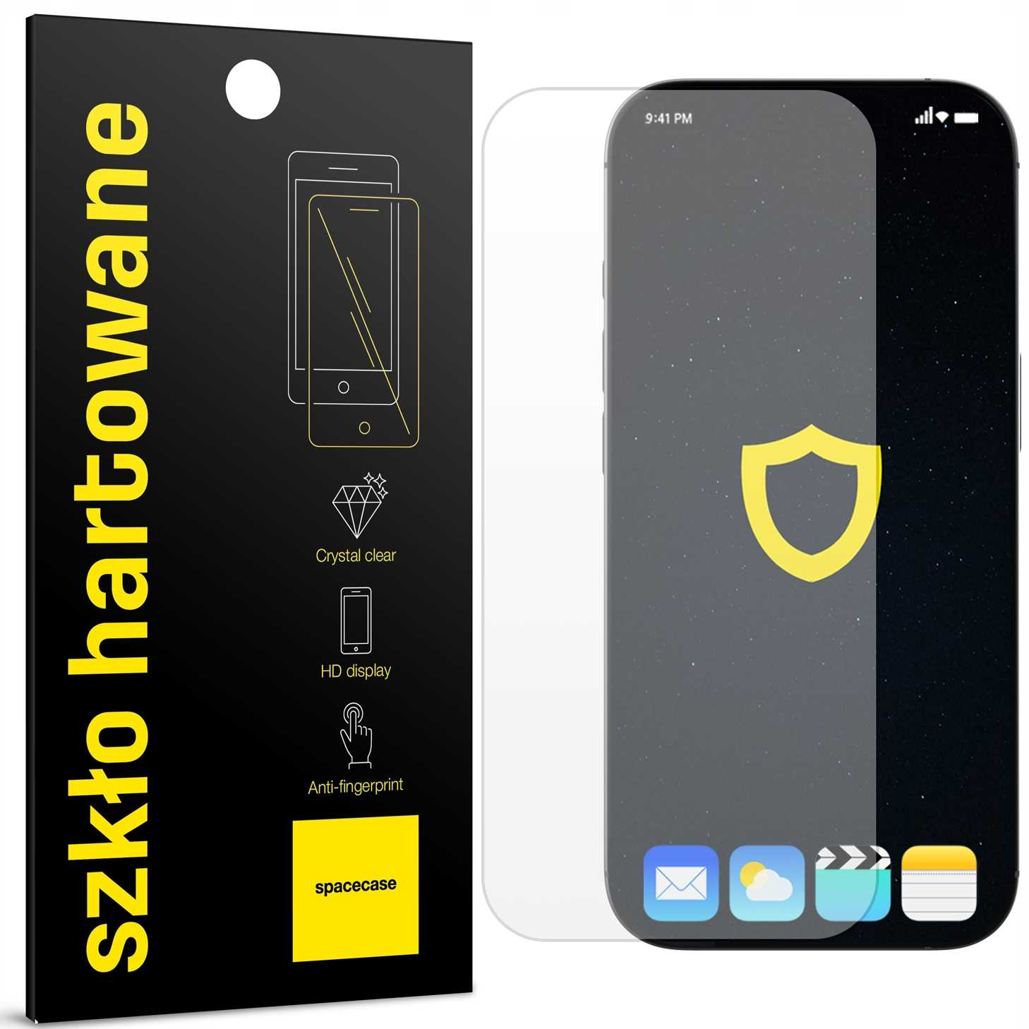 Czarne pudełko z ochraniaczem ekranu w środku, reklamujące krystalicznie czysty obraz HD i funkcje zapobiegające pozostawianiu odcisków palców.