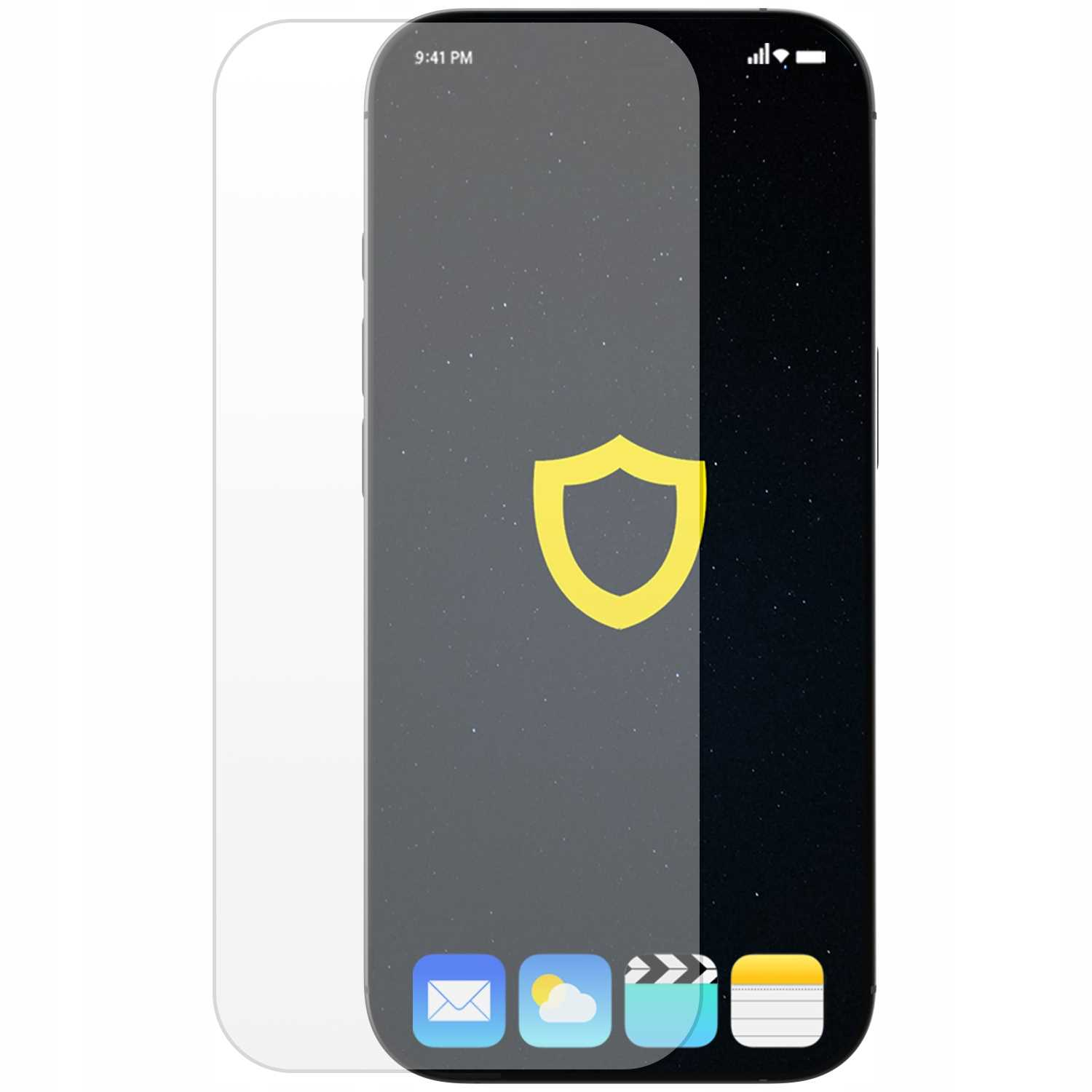 Ochraniacz ekranu na smartfonie wyświetlający ikonę tarczy, aplikacje i godzinę 21:41.