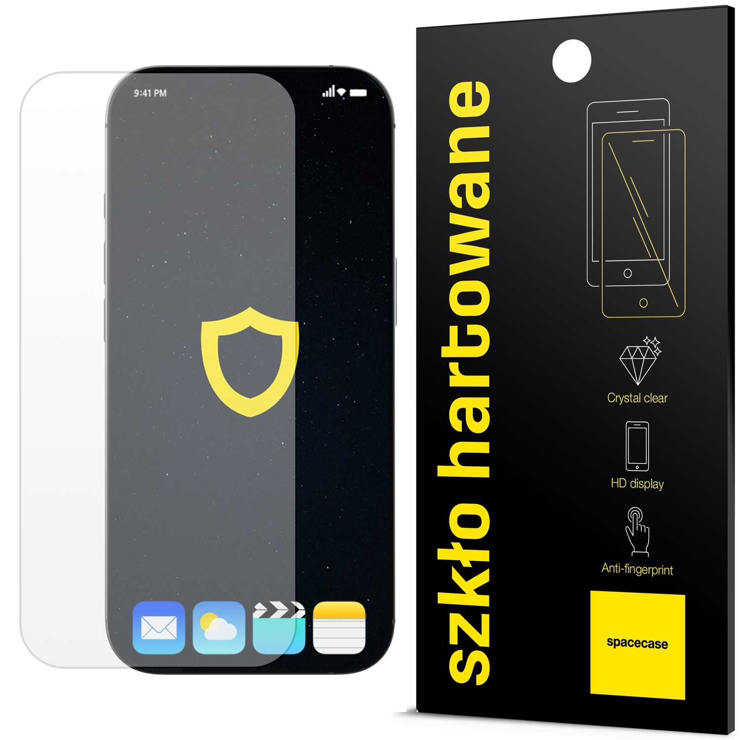 Czarne pudełko z ochraniaczem ekranu w środku, reklamujące krystalicznie czysty obraz HD i funkcje zapobiegające pozostawianiu odcisków palców.
