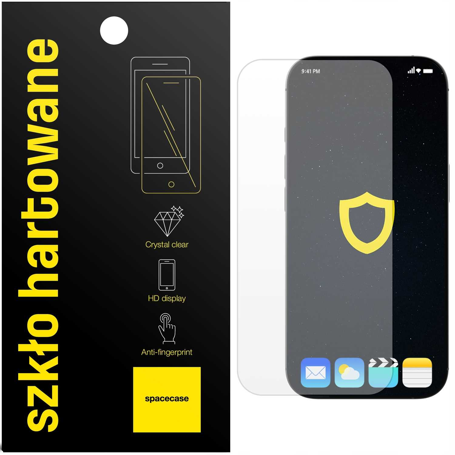 Czarne pudełko z ochraniaczem ekranu obok, reklamujące krystalicznie czysty obraz HD i funkcje zapobiegające pozostawianiu odcisków palców.