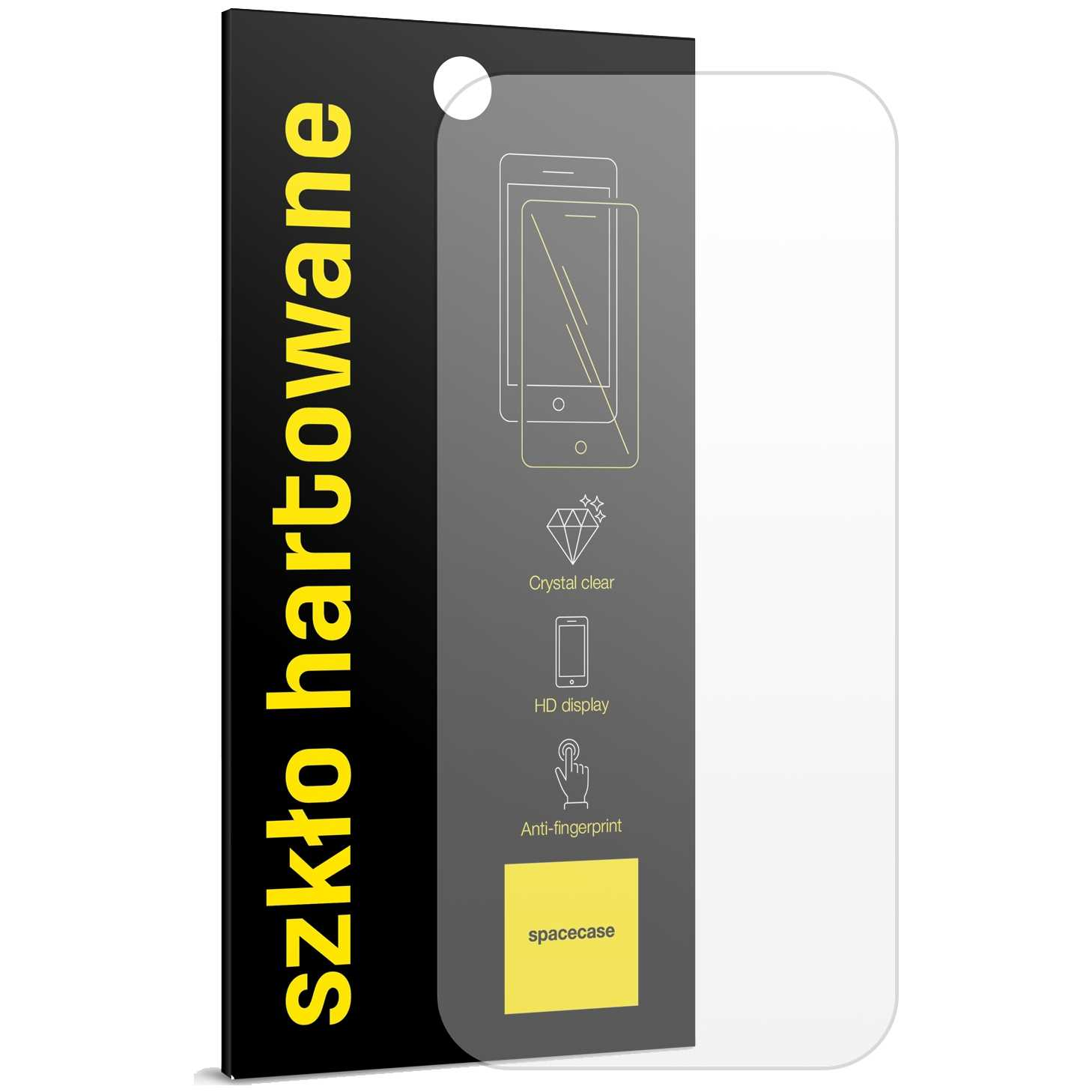 Czarne pudełko z ochraniaczem ekranu w środku, reklamujące krystalicznie czysty obraz HD i funkcje zapobiegające pozostawianiu odcisków palców.