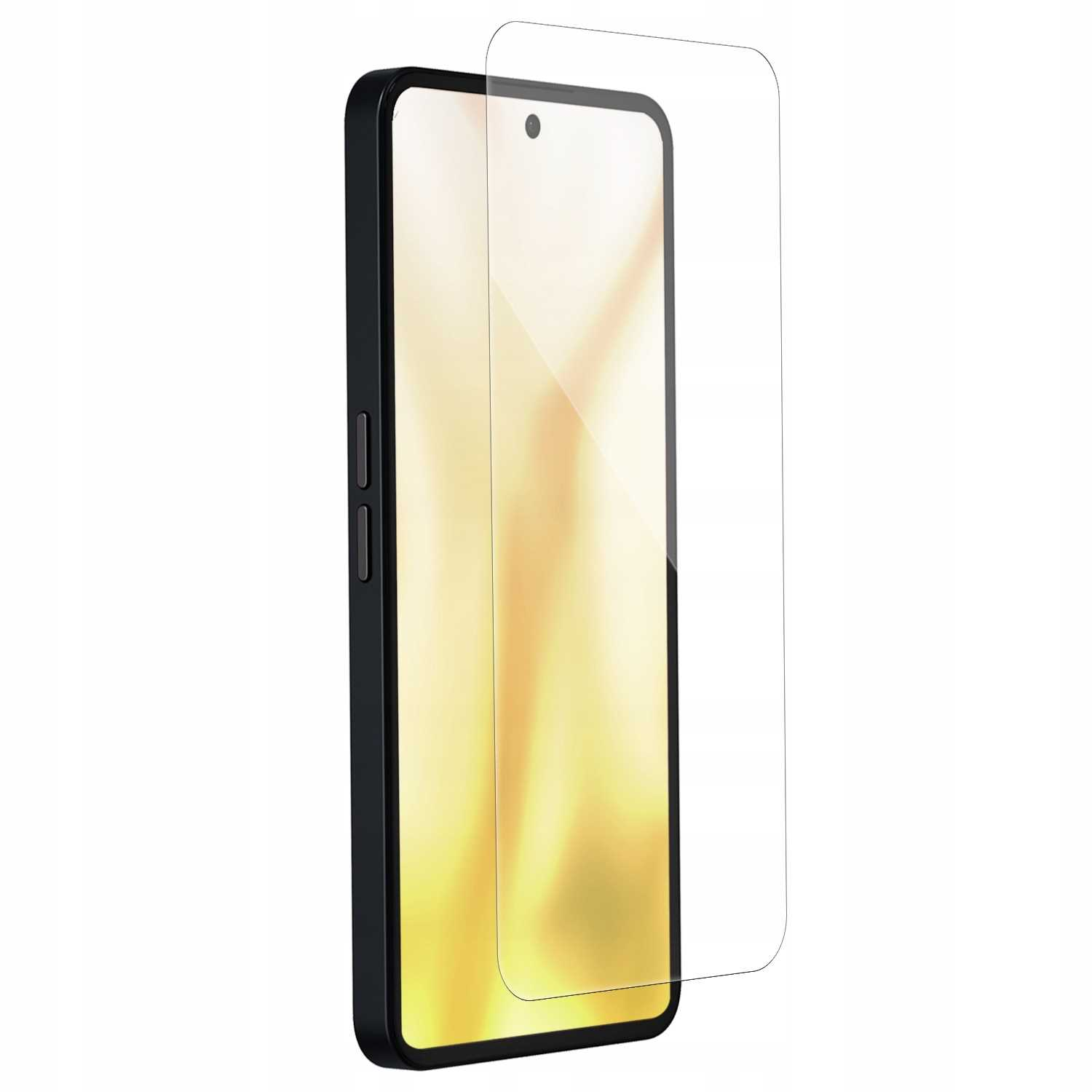 Telefon z nałożonym ochraniaczem ekranu, lekko przechylony. Telefon jest czarny.