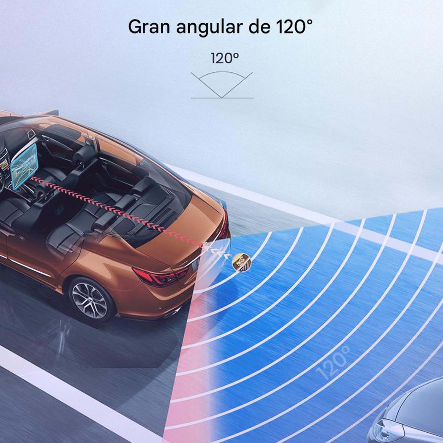 Ilustración que muestra la parte trasera de un coche con vista de cámara. La cámara tiene un ángulo de 120 grados.