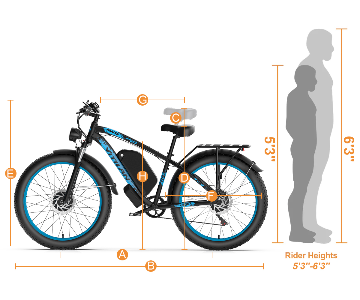 Grafika przedstawia wymiary e-roweru i stojącą obok osobę w celu porównania rozmiarów.