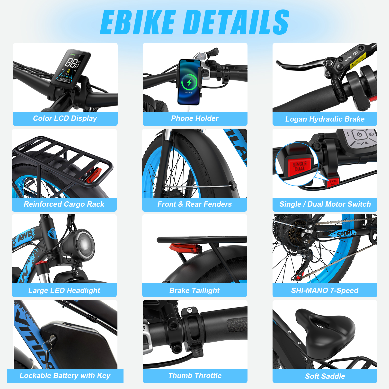 Szczegóły ebike: wyświetlacz LCD, uchwyt na telefon, hamulec hydrauliczny, bagażnik, reflektor, tylne światło, akumulator, przepustnica i siodełko.