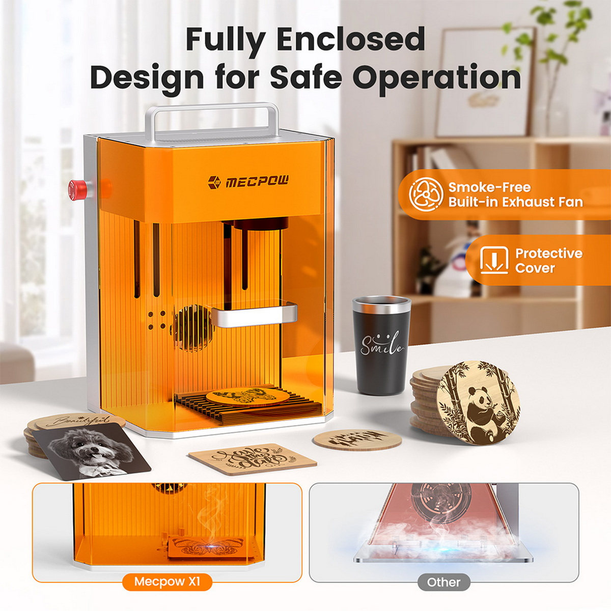 Incisore laser con esempi di design, senza fumo e con copertura protettiva.