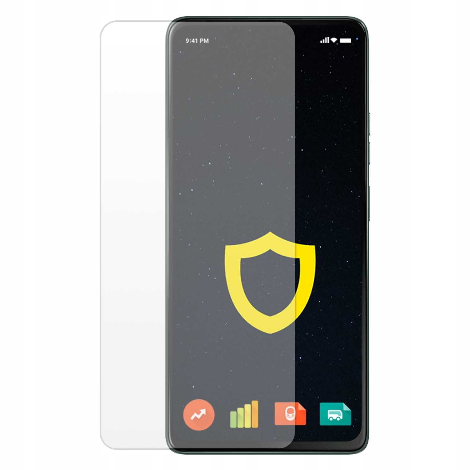 Zestaw ochraniaczy ekranu smartfona z czarnym opakowaniem, przezroczystym ochraniaczem i ikoną tarczy na wyświetlaczu telefonu.