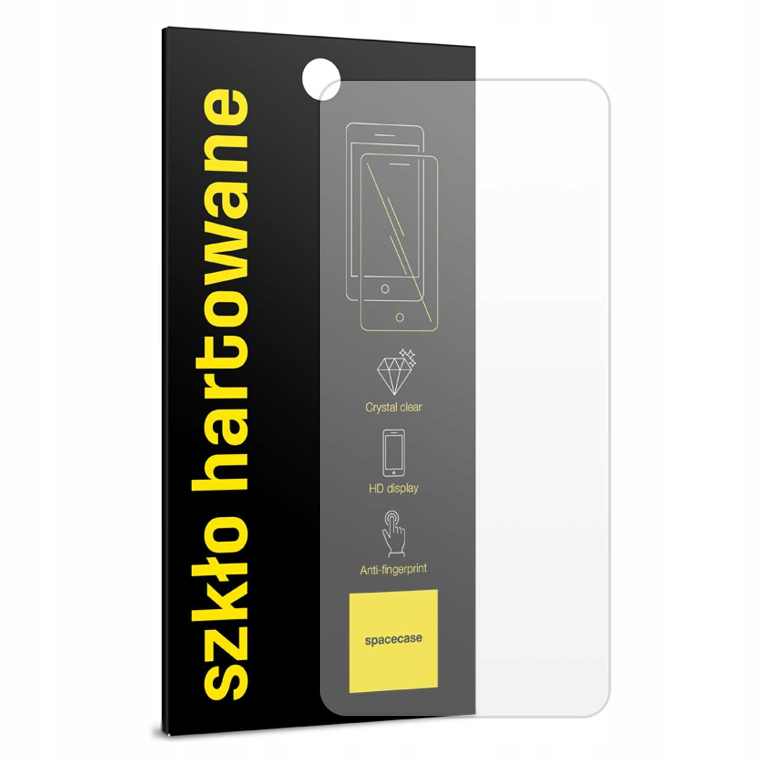 Opakowanie ochraniacza ekranu smartfona ze szczegółami produktu i logo spacecase na białym tle.