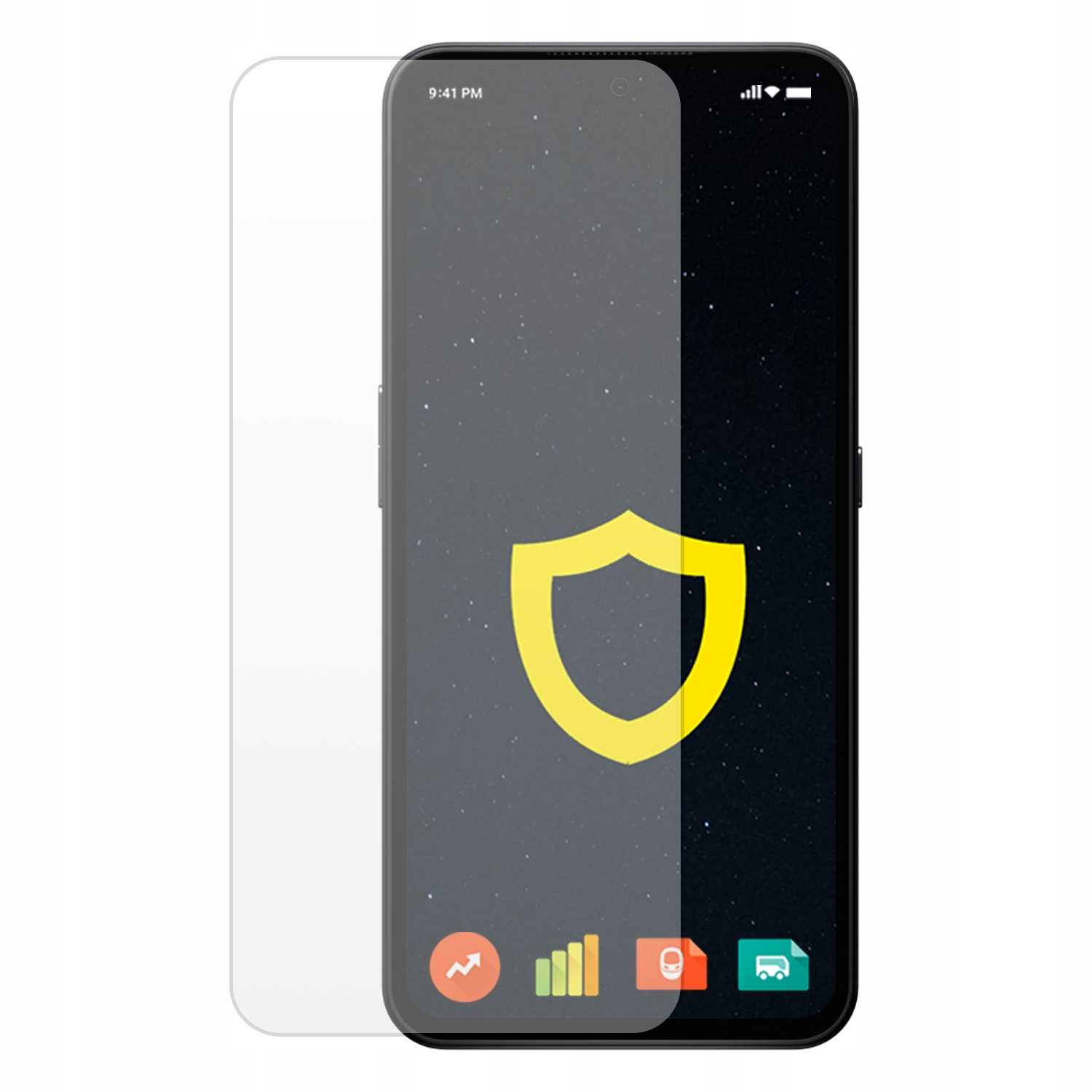 Smartfon z nałożoną osłoną ekranu. Ekran wyświetla ikonę tarczy i godzinę 21:41.