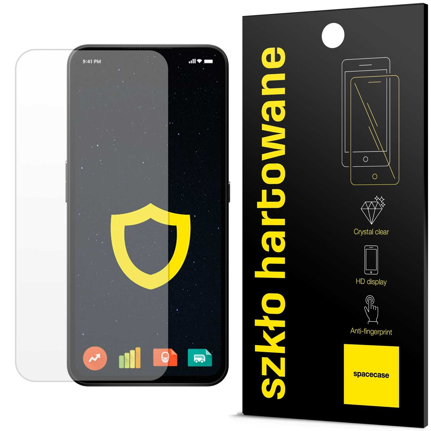 Smartfon z osłoną ekranu i czarne pudełko z opisanymi funkcjami ochronnymi.