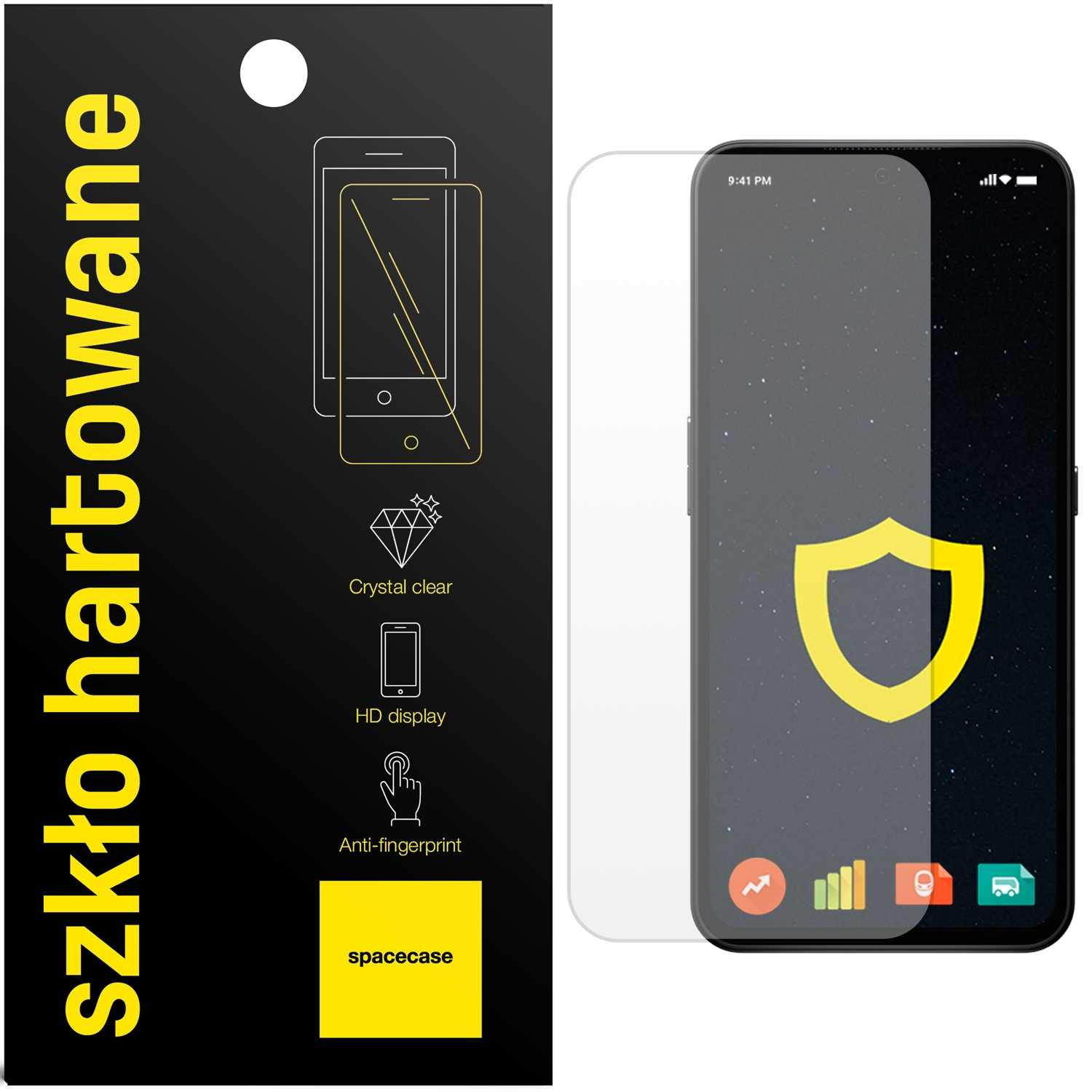 Telefon z nałożoną ochroną ekranu i opakowanie z ikonami i tekstem 'szkło hartowane'.