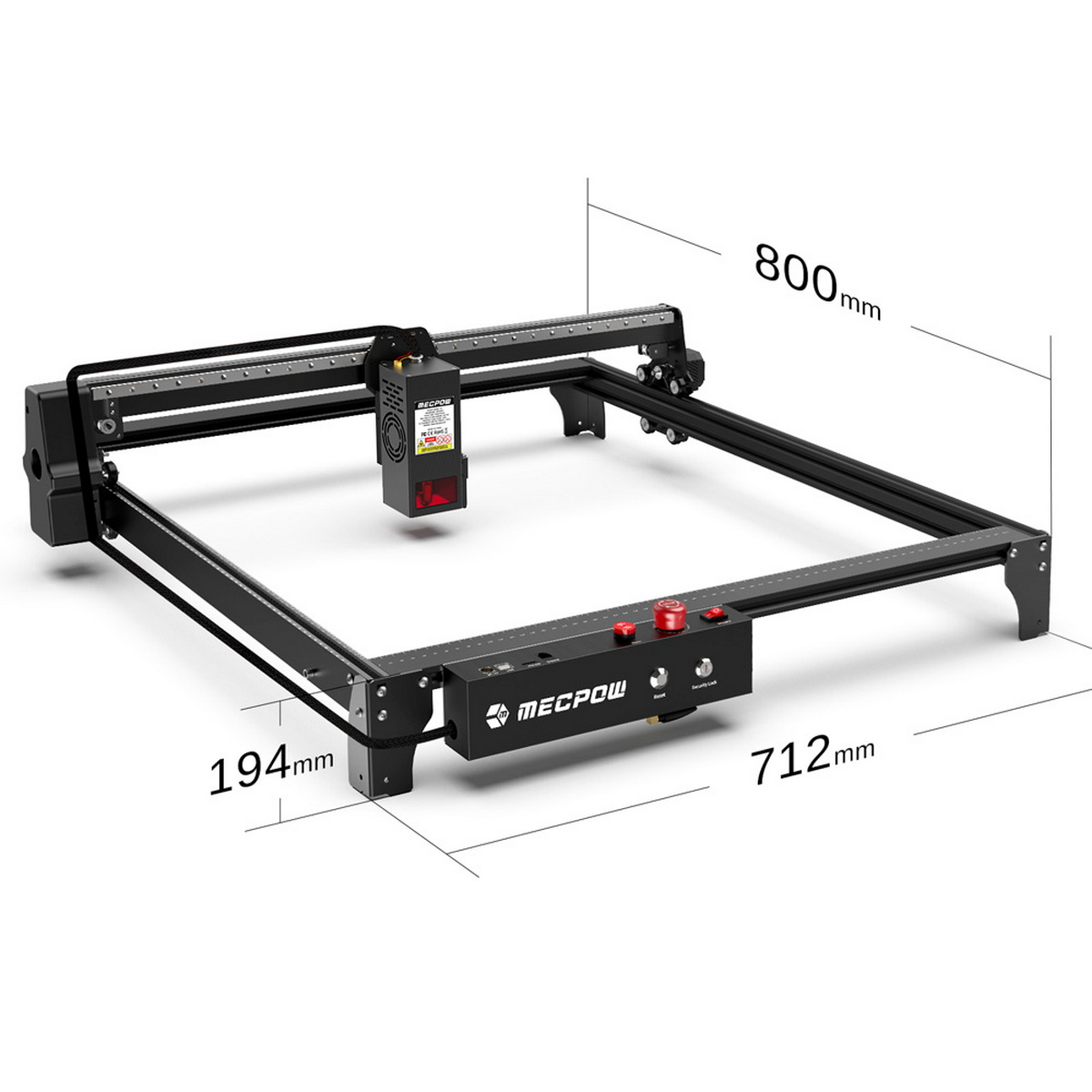 Schwarzer Laserschneider, mit Abmessungen 800x712x194mm.