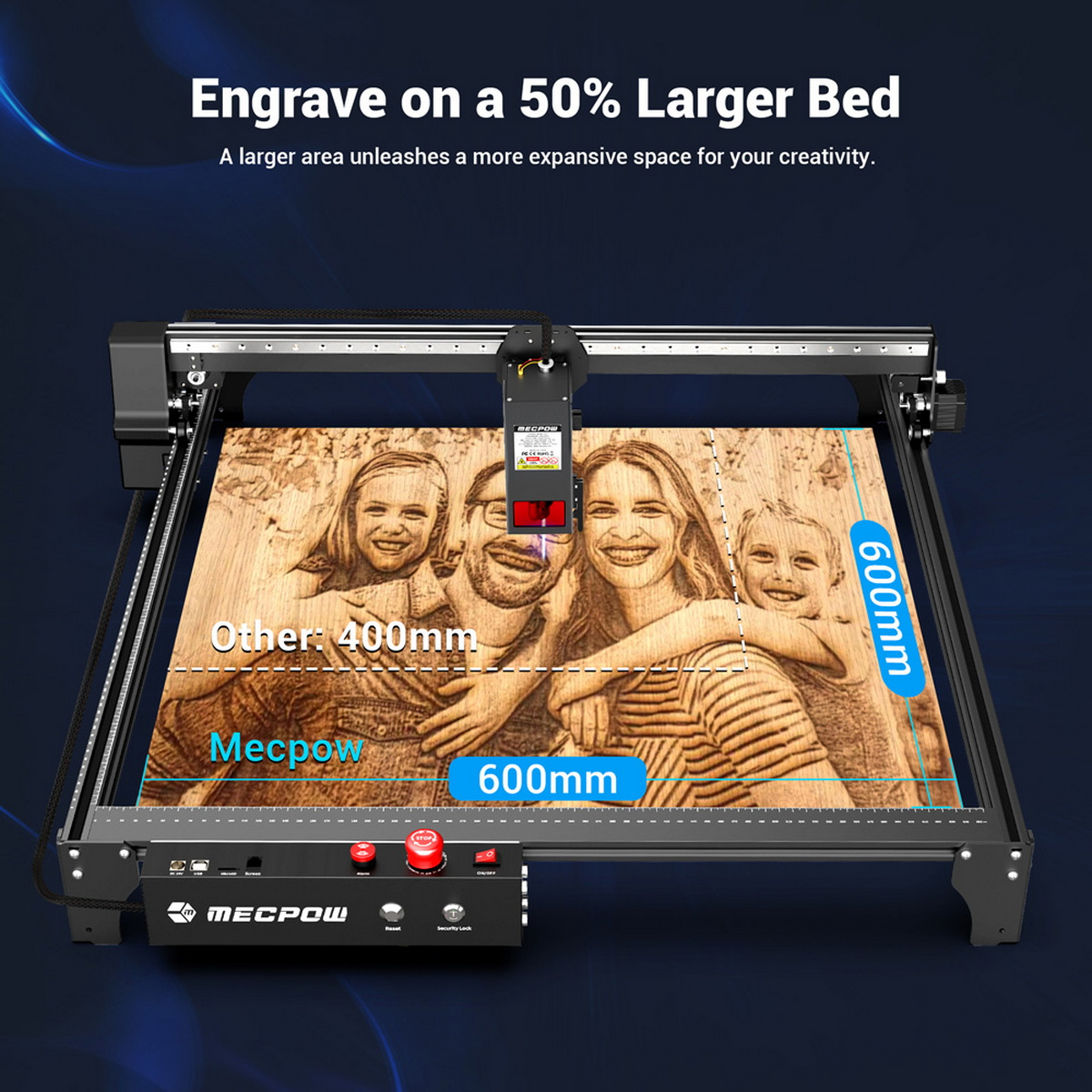 Lasergravierer, der ein Familienfoto auf Holz graviert. Der Arbeitsbereich ist mit Abmessungen und Produktinformationen hervorgehoben.