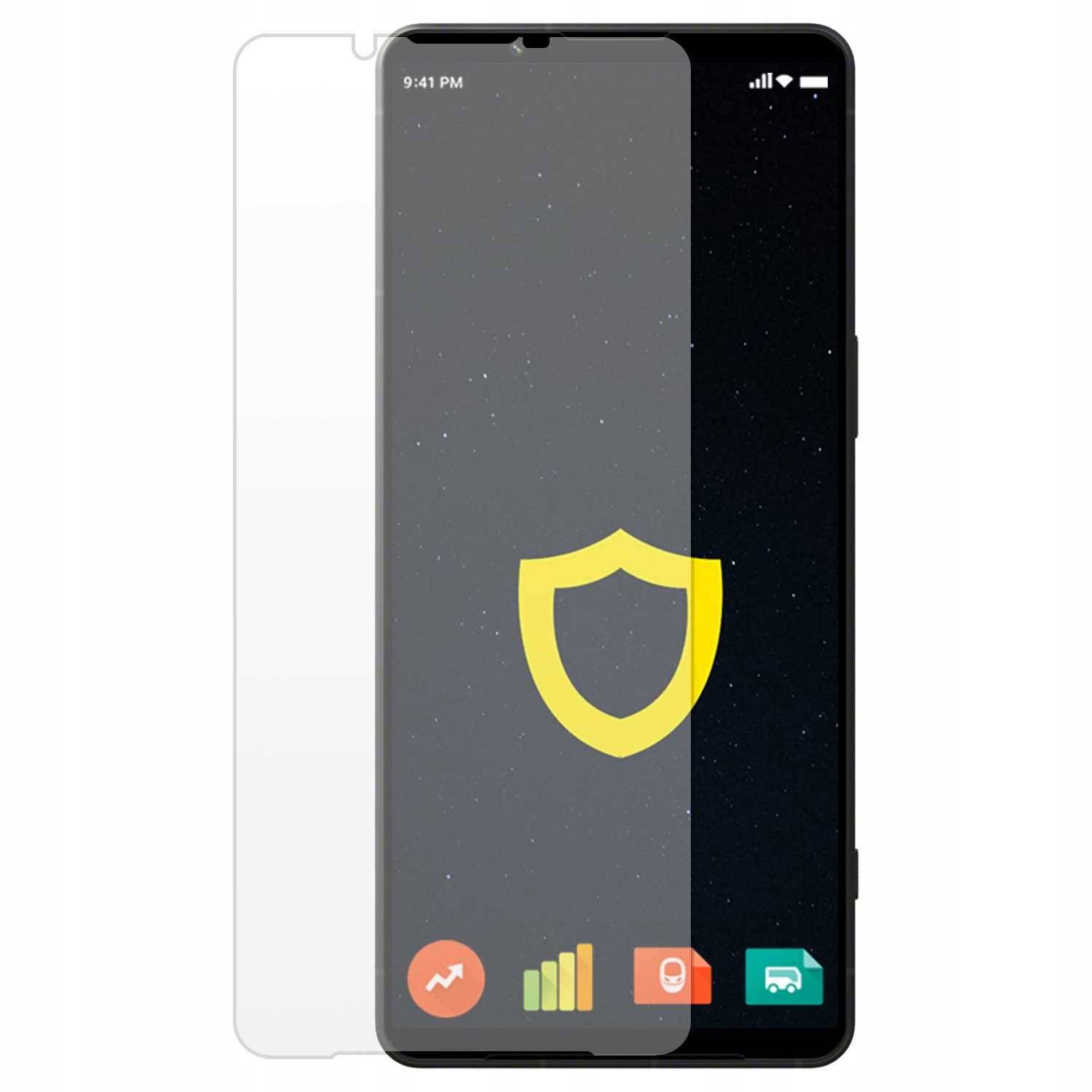 Ekran telefonu wyświetlający logo tarczy na tle gwiezdnego nieba.