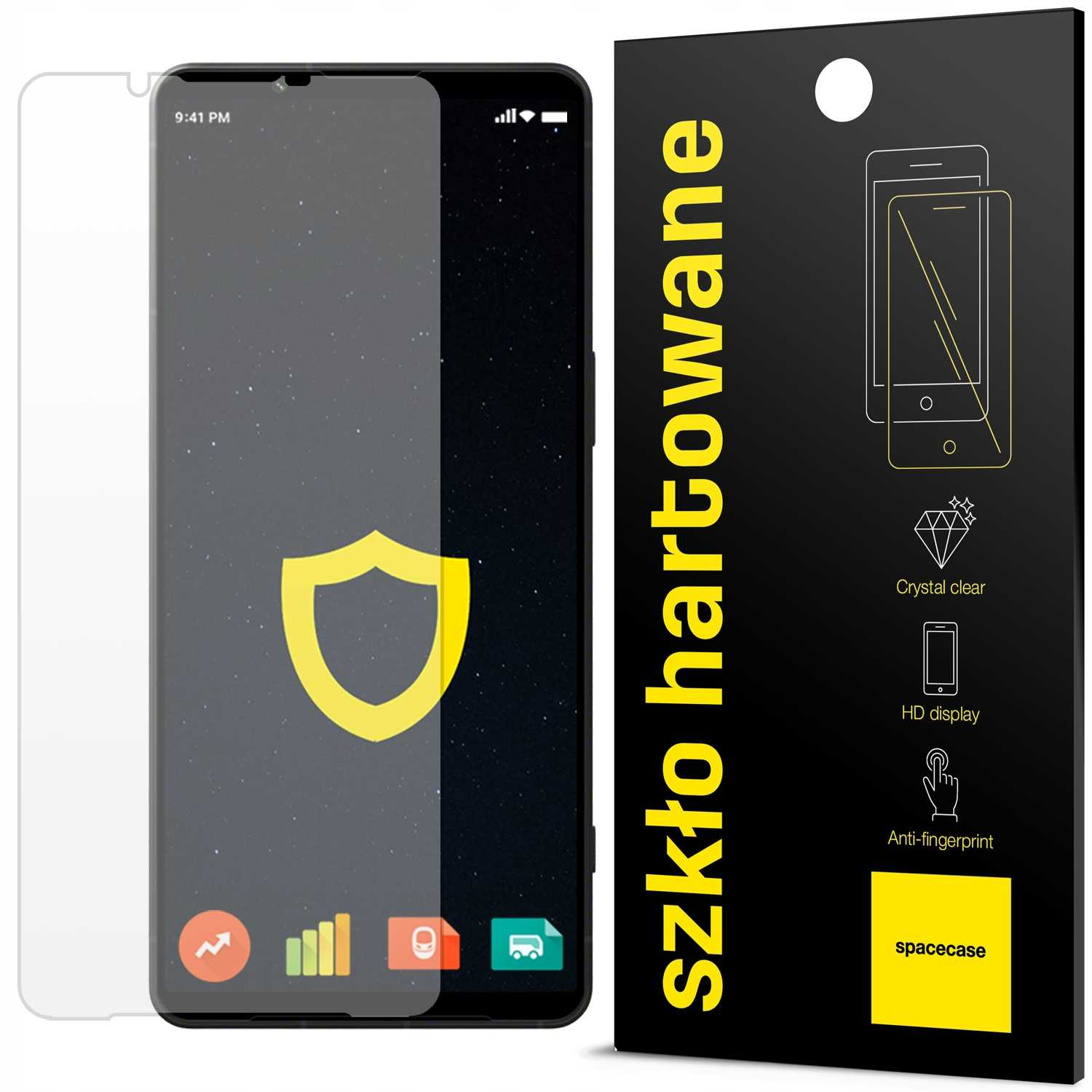 Telefon z nałożoną folią ochronną na ekran, z opakowaniem po prawej stronie, pokazującym szczegóły i ikony.