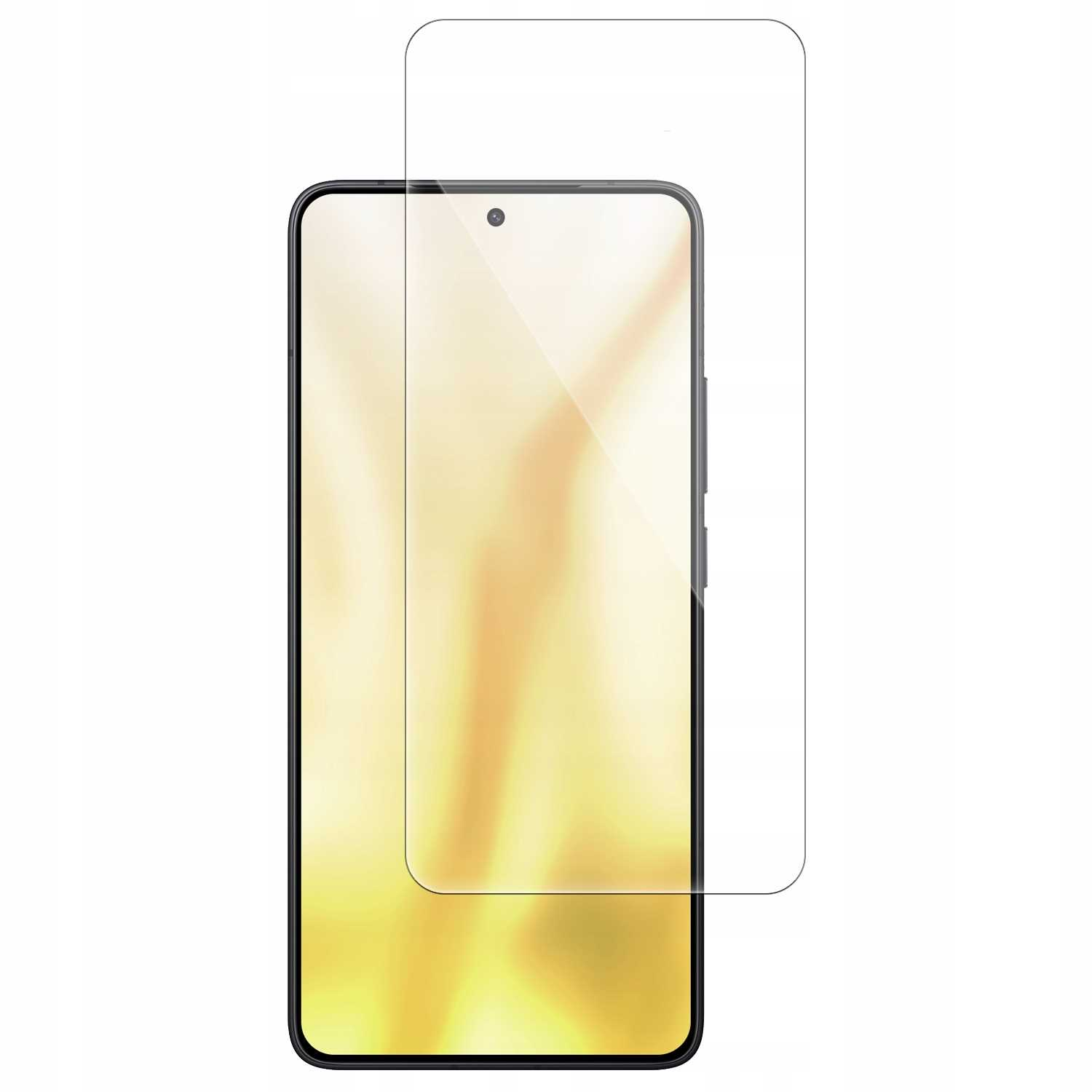 Smartfon z nakładaną przezroczystą folią ochronną. Telefon ma czarną ramkę i żywy żółty ekran.
