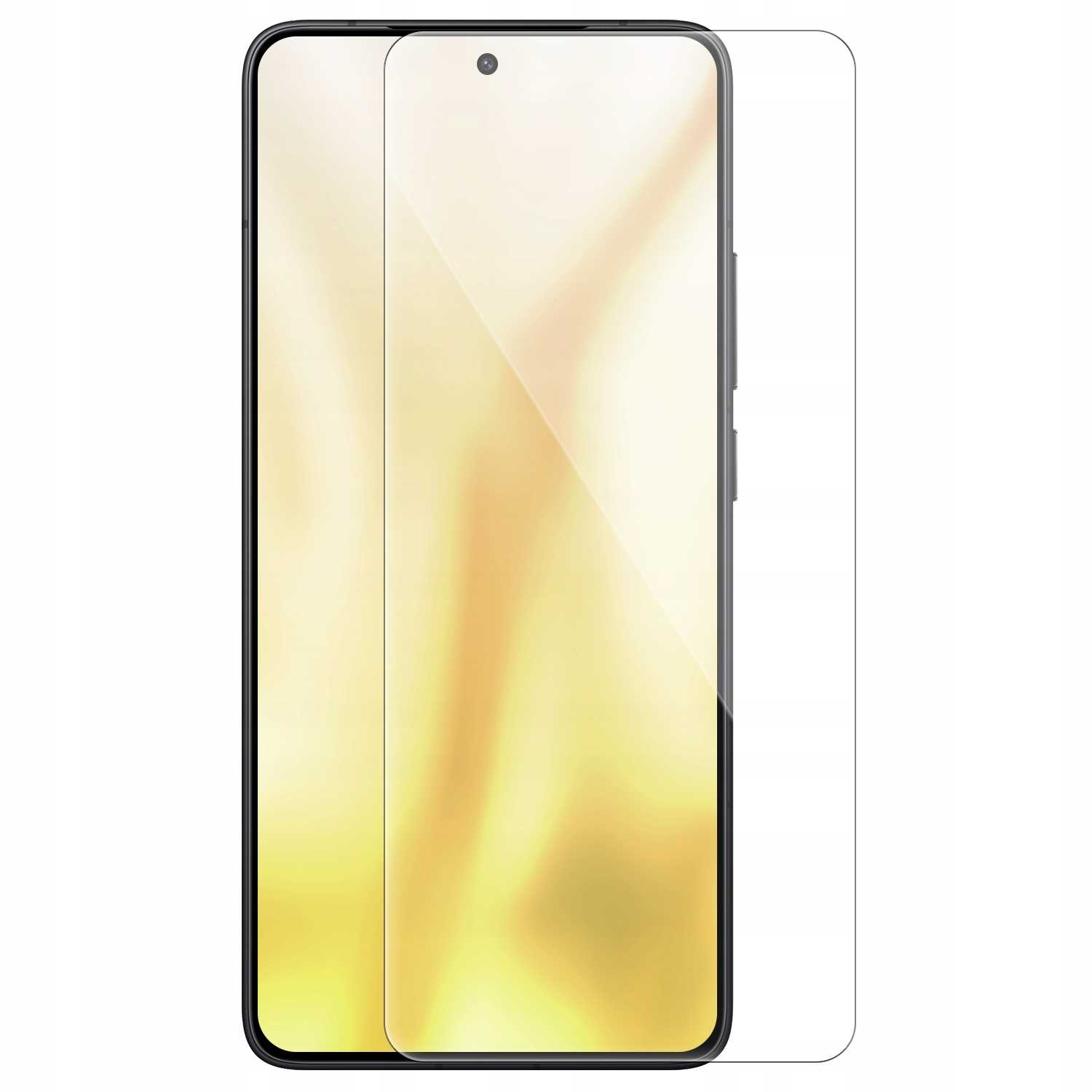 Smartfon z częściowo nałożoną folią ochronną, wyświetlający żółty ekran. Folia jest przezroczysta, podkreślając ekran.