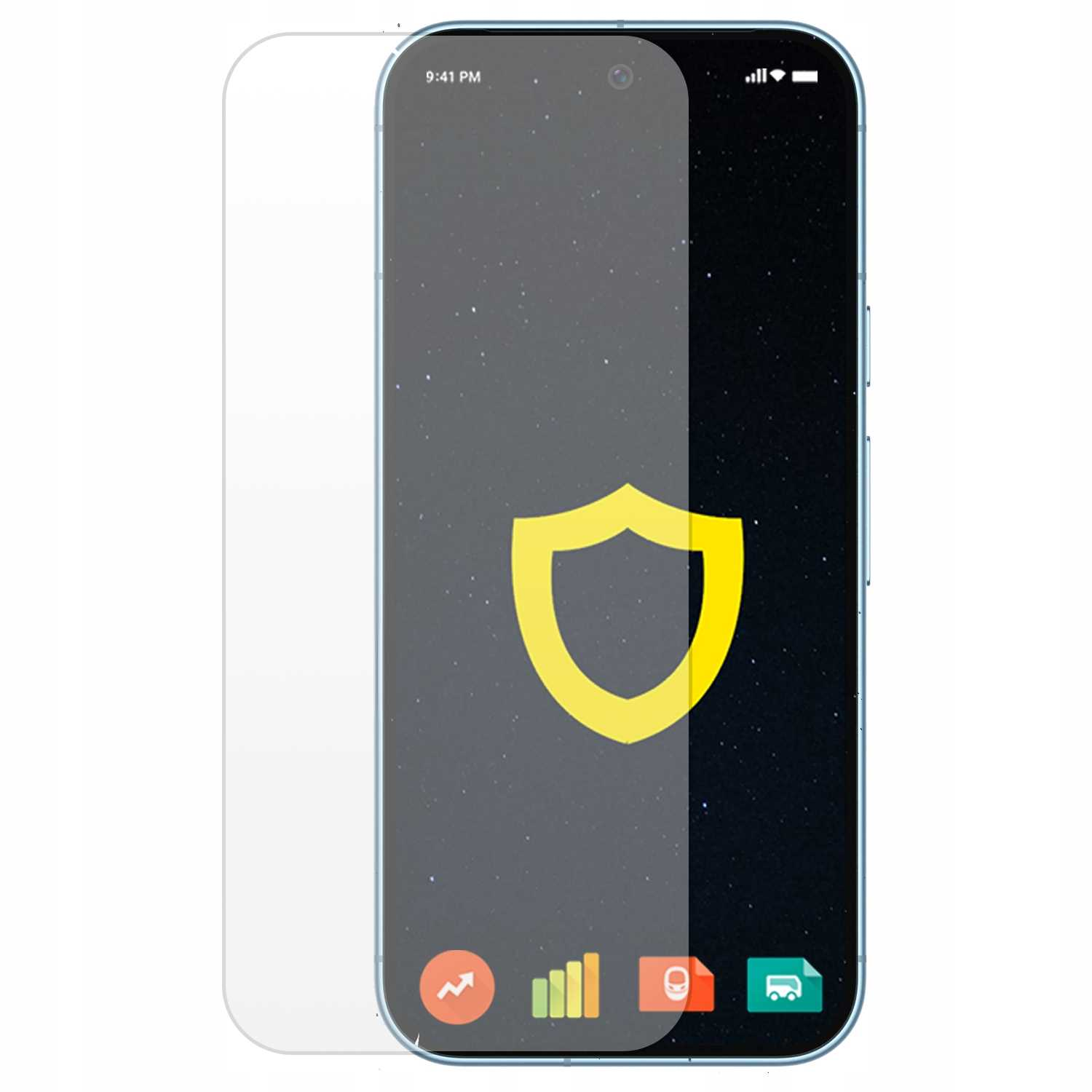 Smartfon z nałożonym ochraniaczem ekranu. Ekran wyświetla ikonę tarczy i godzinę 21:41.