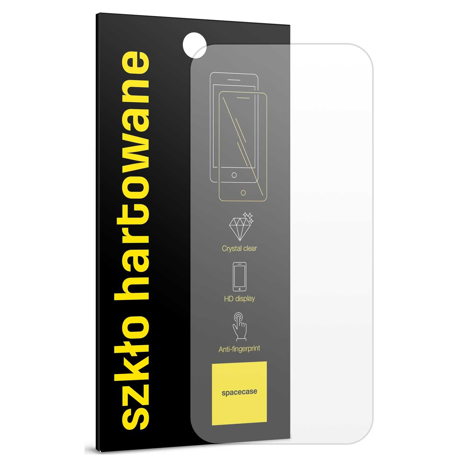 Opakowanie ochraniacza ekranu telefonu. Pokazuje zarys telefonu, ikony i nazwę marki.
