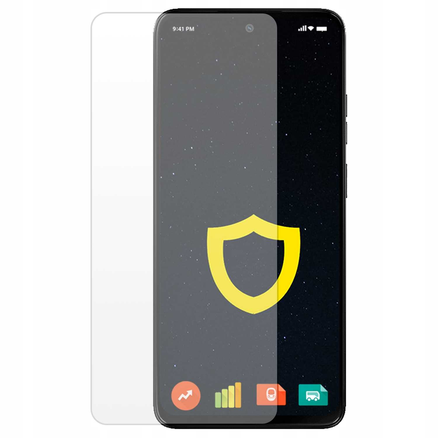 Smartfon z ochraniaczem ekranu. Ekran wyświetla aplikacje i ikonę tarczy.
