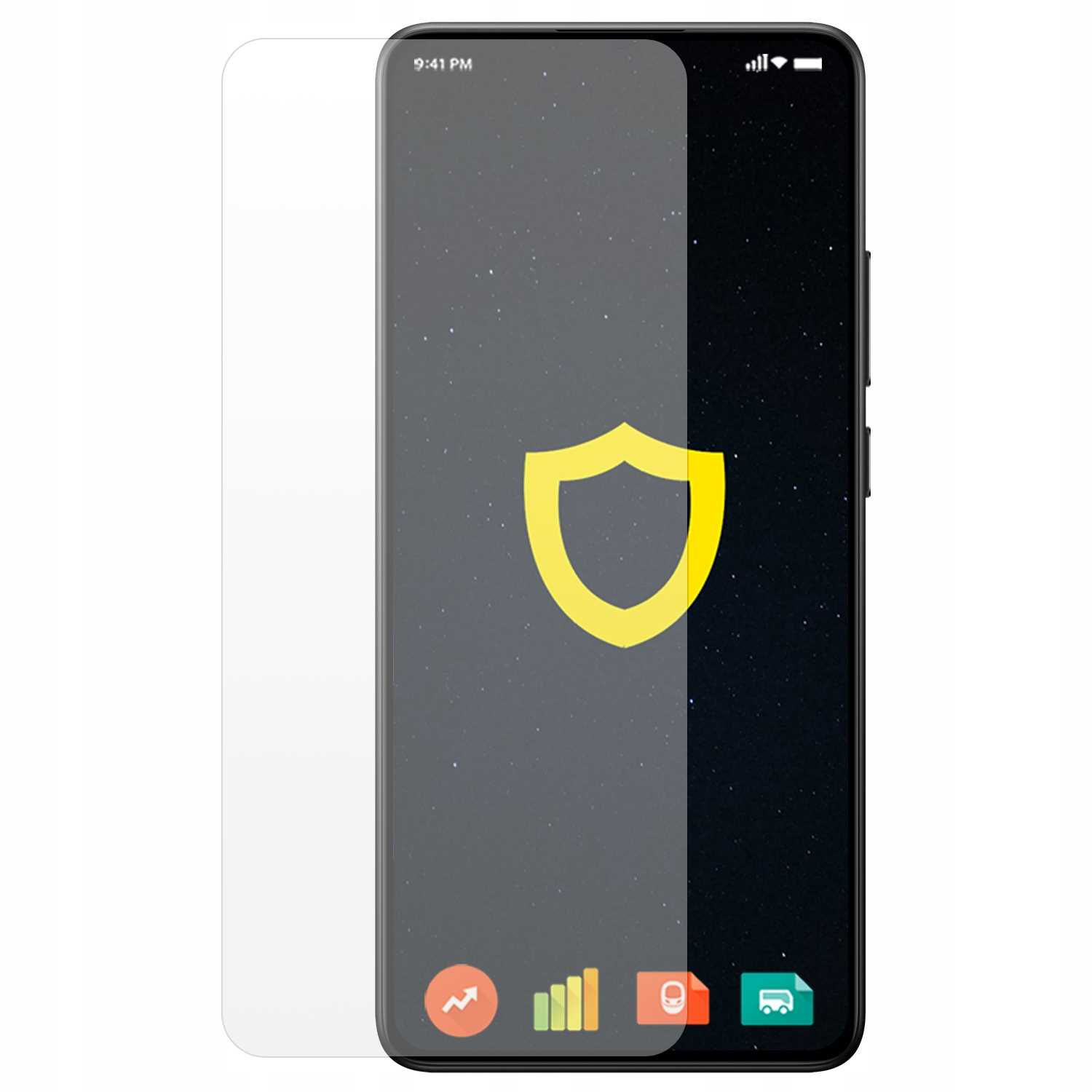 Telefon komórkowy wyświetlający żółtą tarczę na ekranie, z obok znajdującym się szkłem ochronnym.